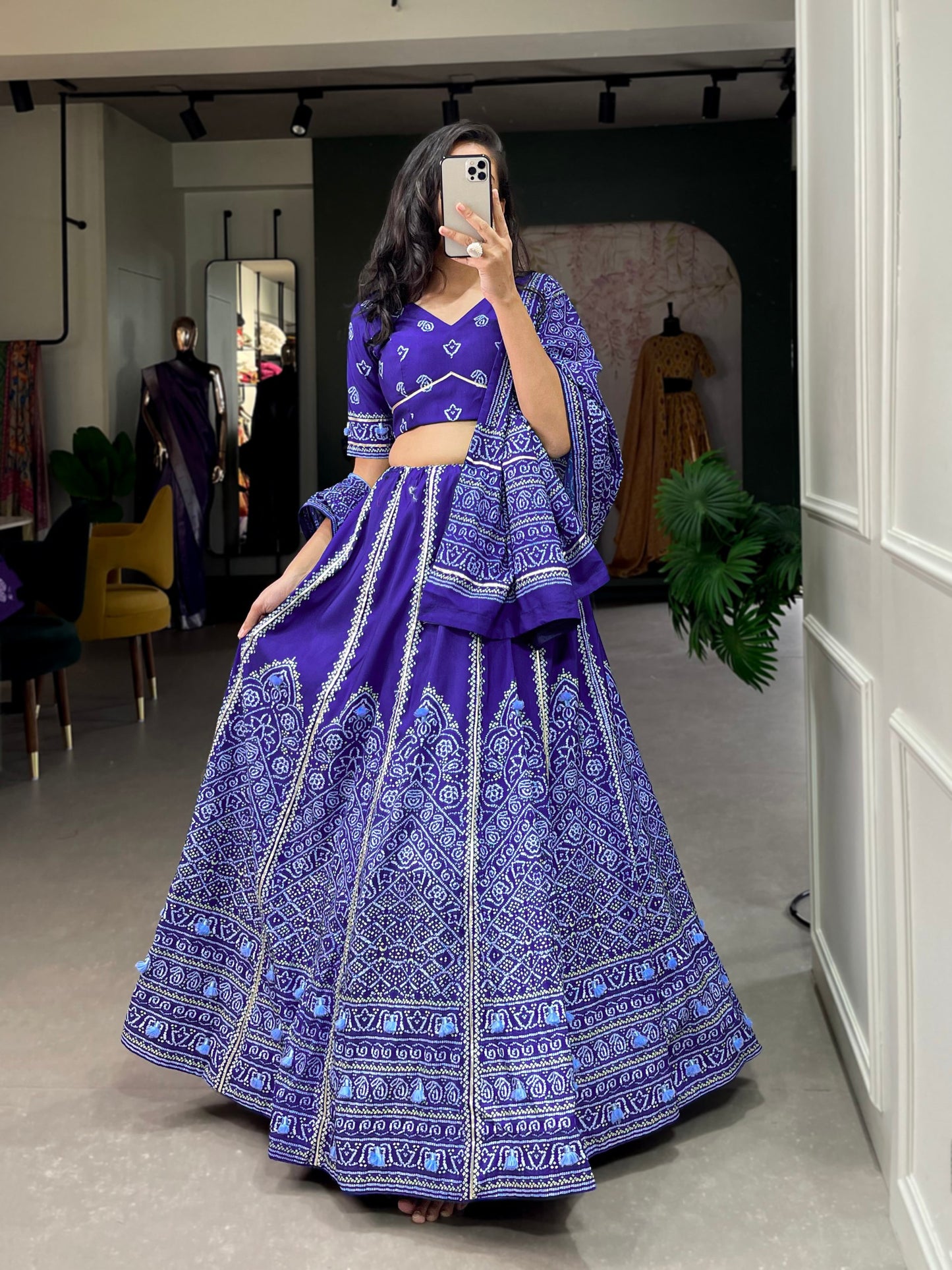 🌟 "Navy Blue Bandhani Silk Lehenga Choli Set with Gota Patti and Tassels" 🌟