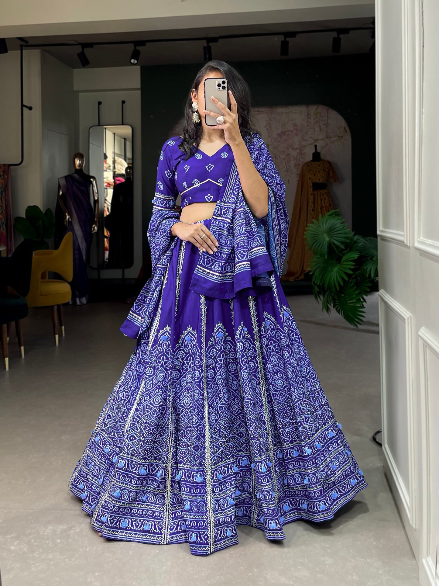 🌟 "Navy Blue Bandhani Silk Lehenga Choli Set with Gota Patti and Tassels" 🌟