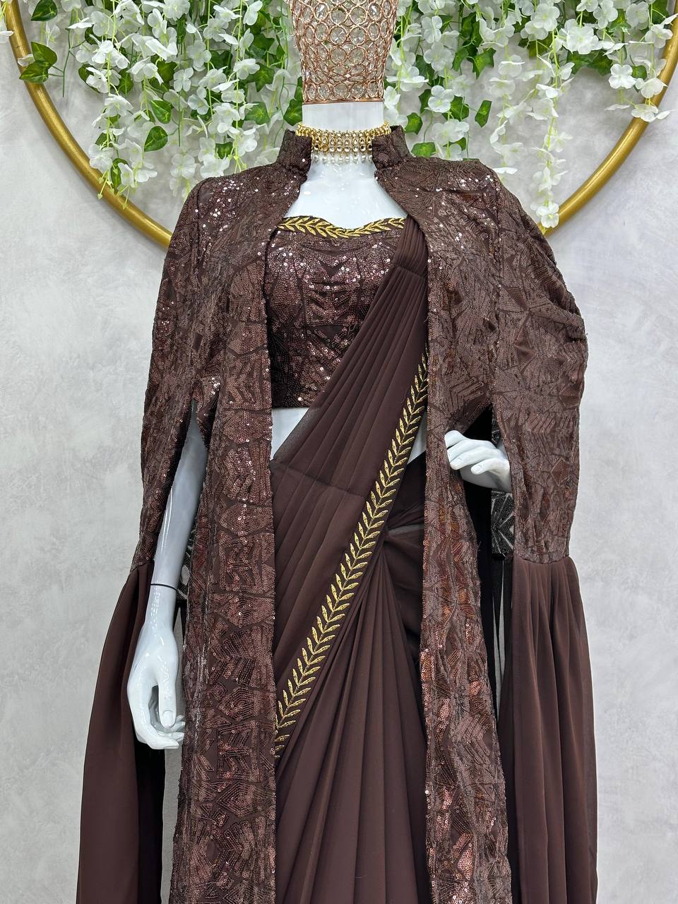 "Graceful Embroidered Sequins Foux Georgette Lehenga Saree Set"