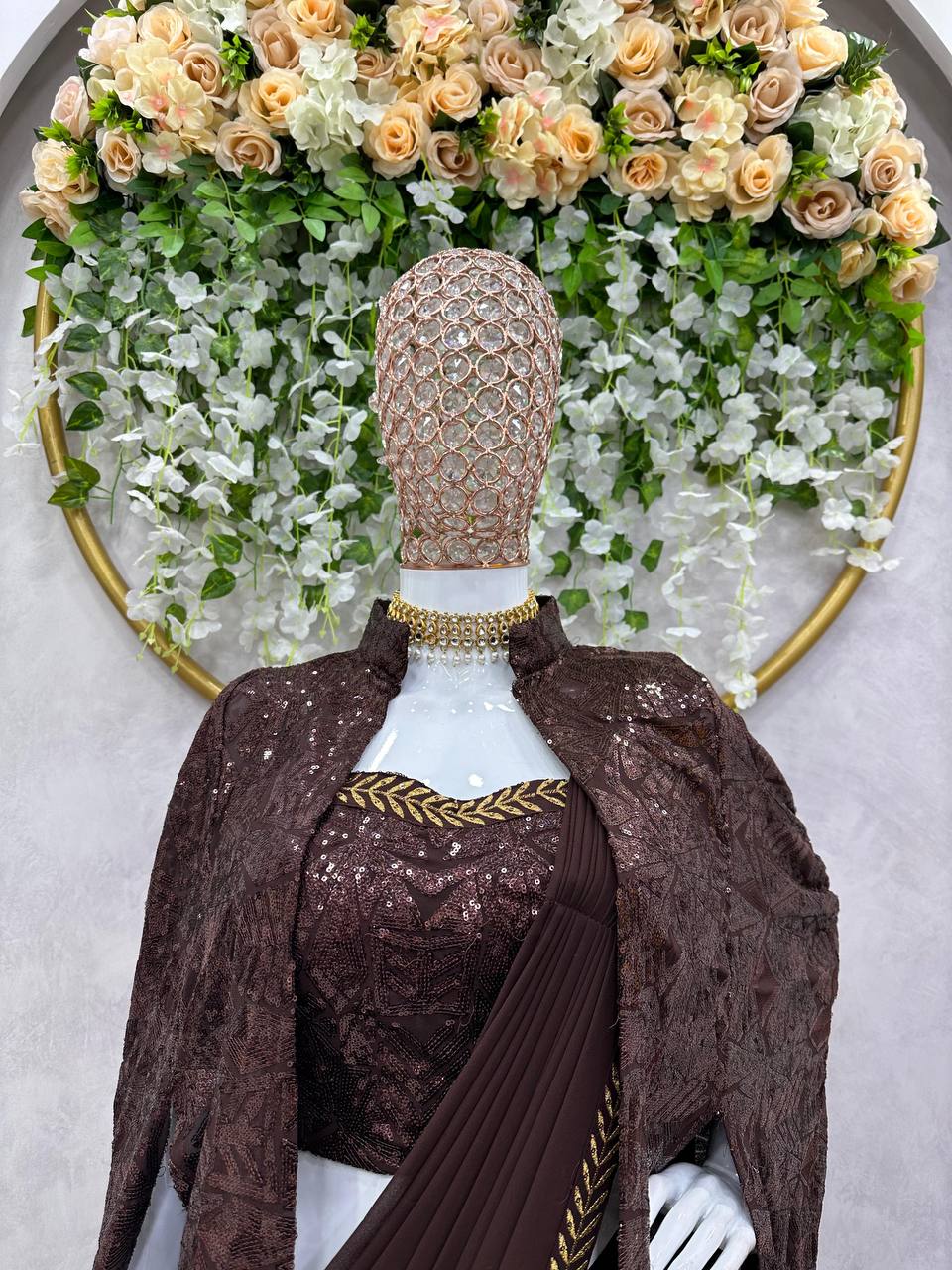 "Graceful Embroidered Sequins Foux Georgette Lehenga Saree Set"