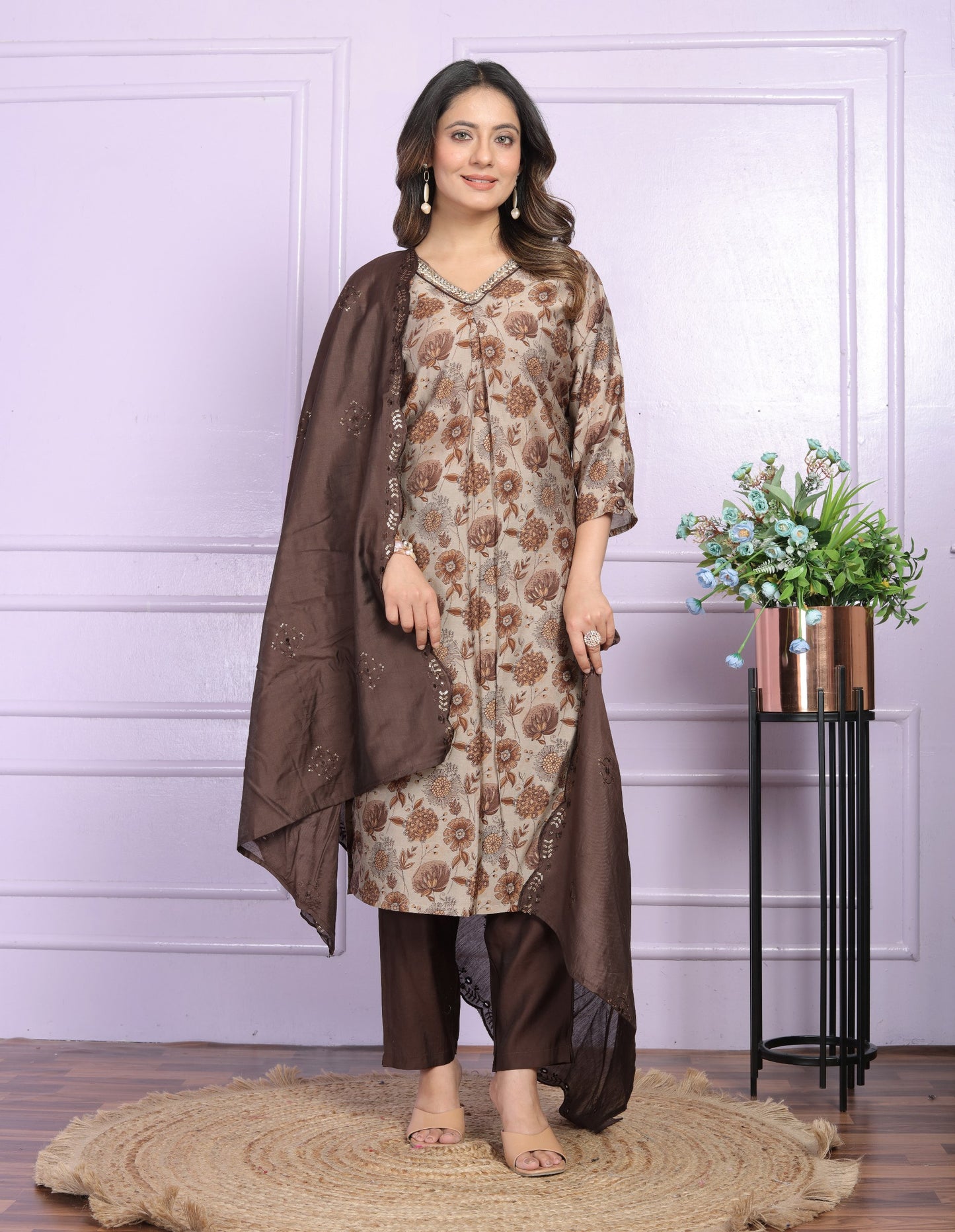 Handcrafted V-Neck Modal Silk Straight Kurti With Pant with Cut Work Dupatta