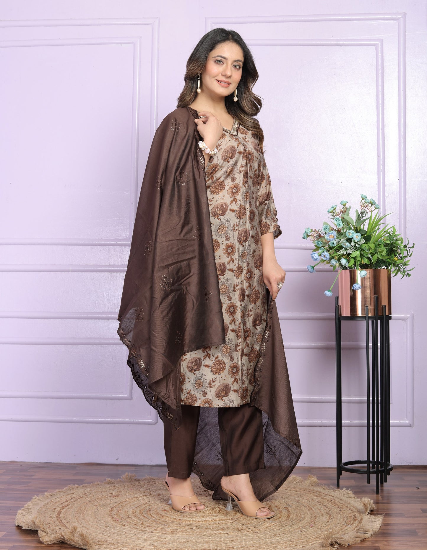 Handcrafted V-Neck Modal Silk Straight Kurti With Pant with Cut Work Dupatta