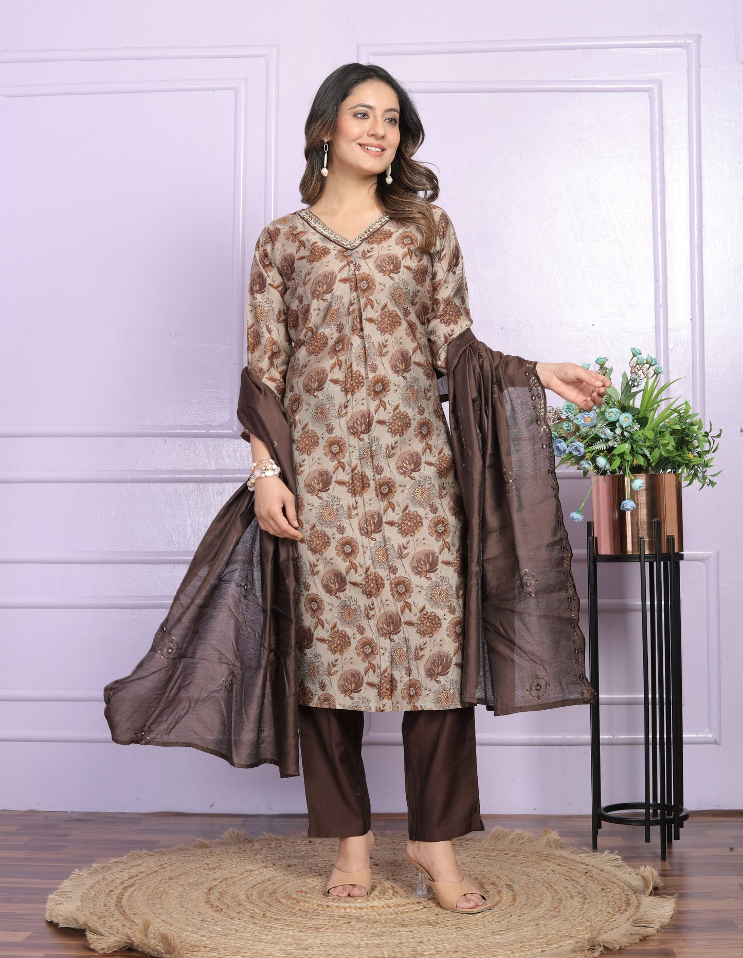 Handcrafted V-Neck Modal Silk Straight Kurti With Pant with Cut Work Dupatta