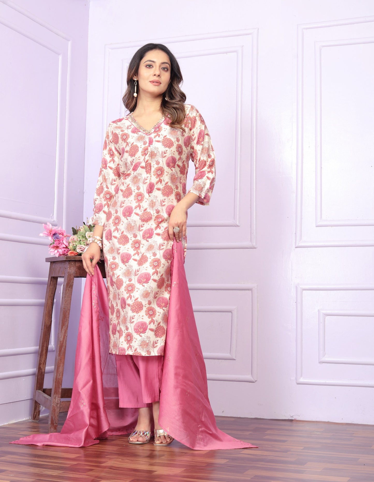 Handcrafted V-Neck Modal Silk Straight Kurti With Pant with Cut Work Dupatta