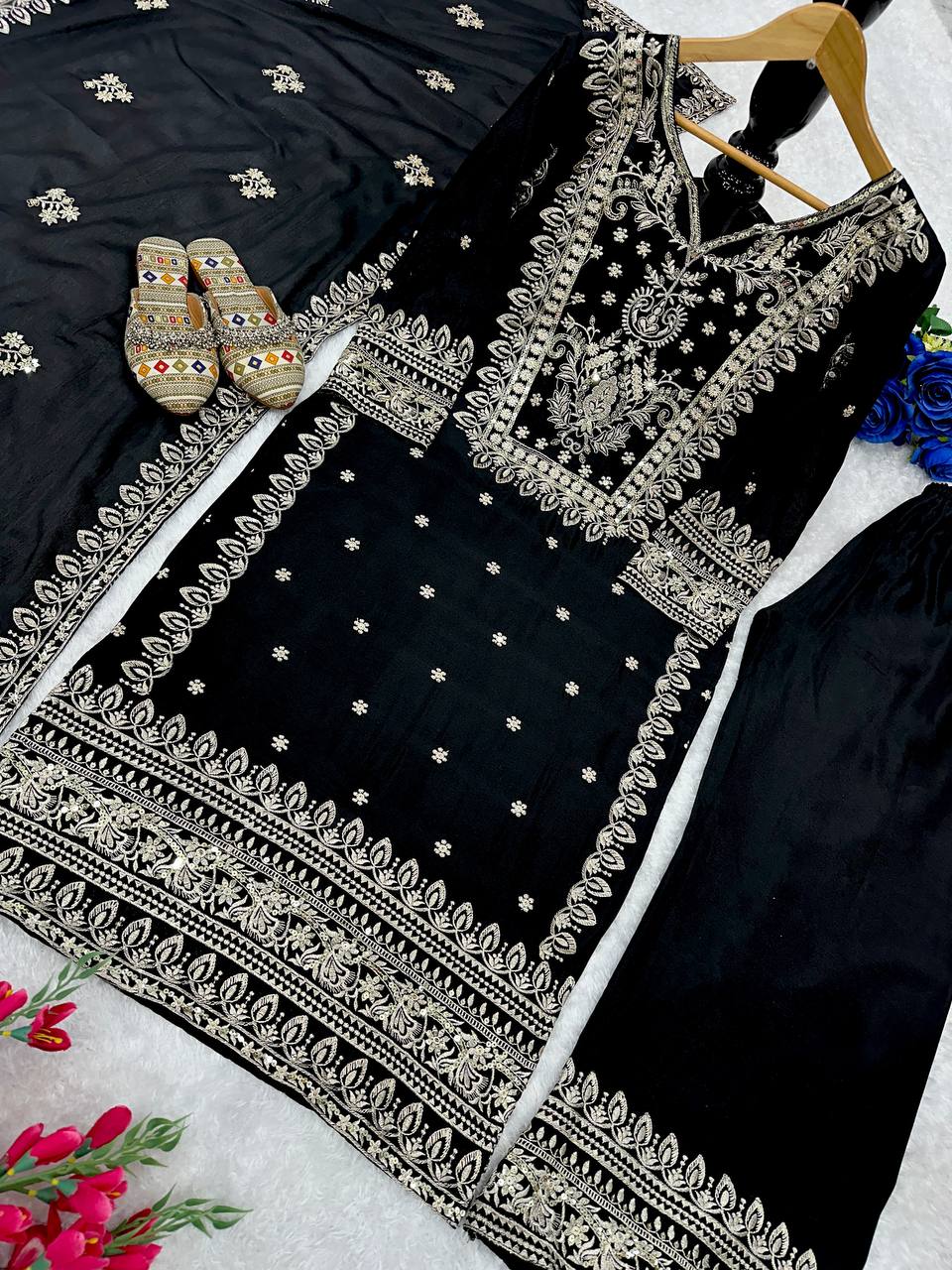 🌟 "Chic Chinon Silk Party Ensemble: Embroidered Top, Plazzo & Dupatta Set" 🌟