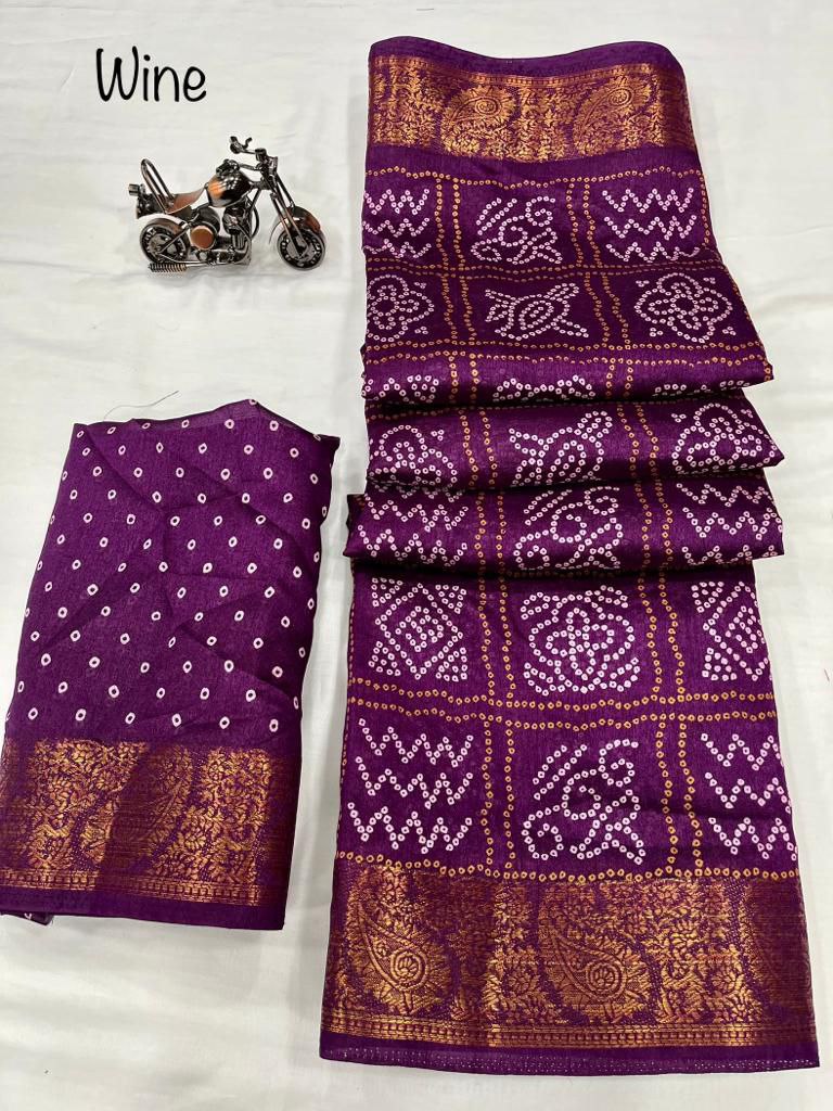 Women's Beautiful Bandhani Printed With Jacquard Border Saree With Running Blouse