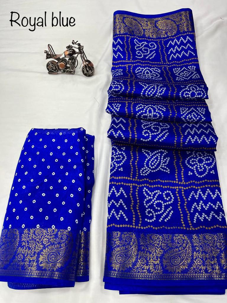 Women's Beautiful Bandhani Printed With Jacquard Border Saree With Running Blouse