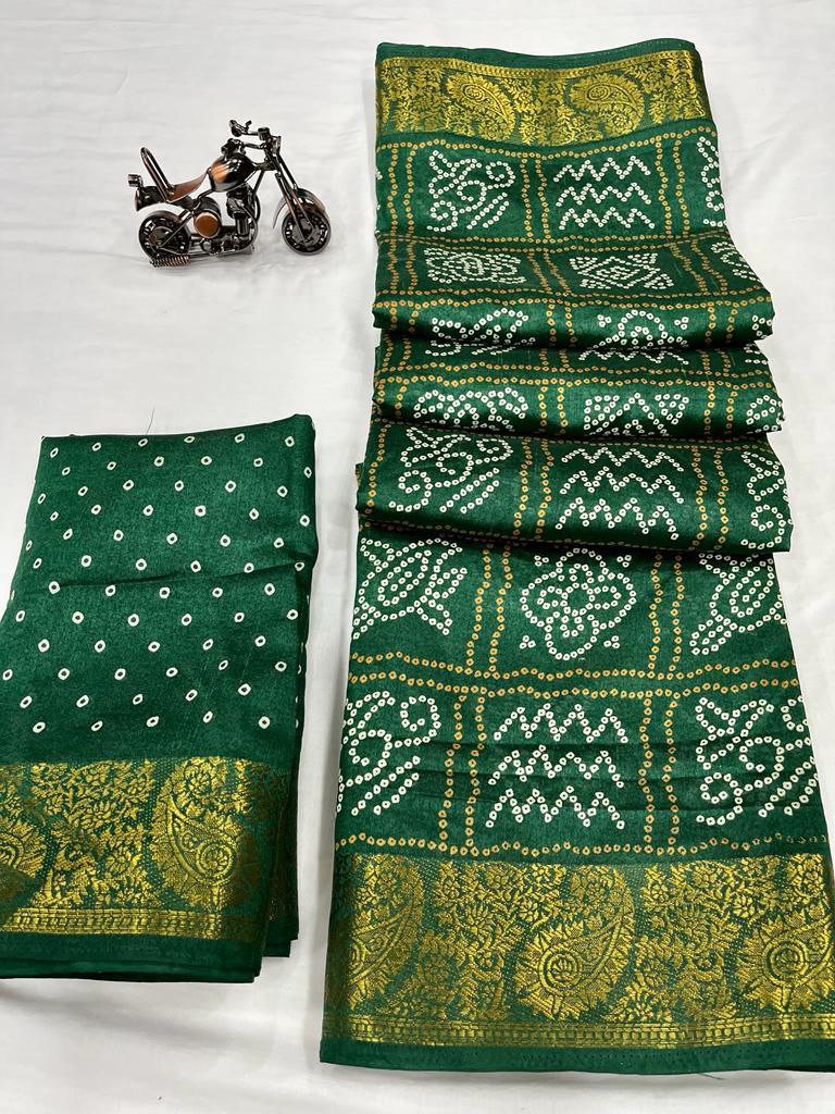 Women's Beautiful Bandhani Printed With Jacquard Border Saree With Running Blouse