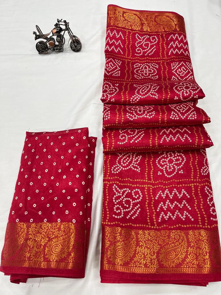 Women's Beautiful Bandhani Printed With Jacquard Border Saree With Running Blouse