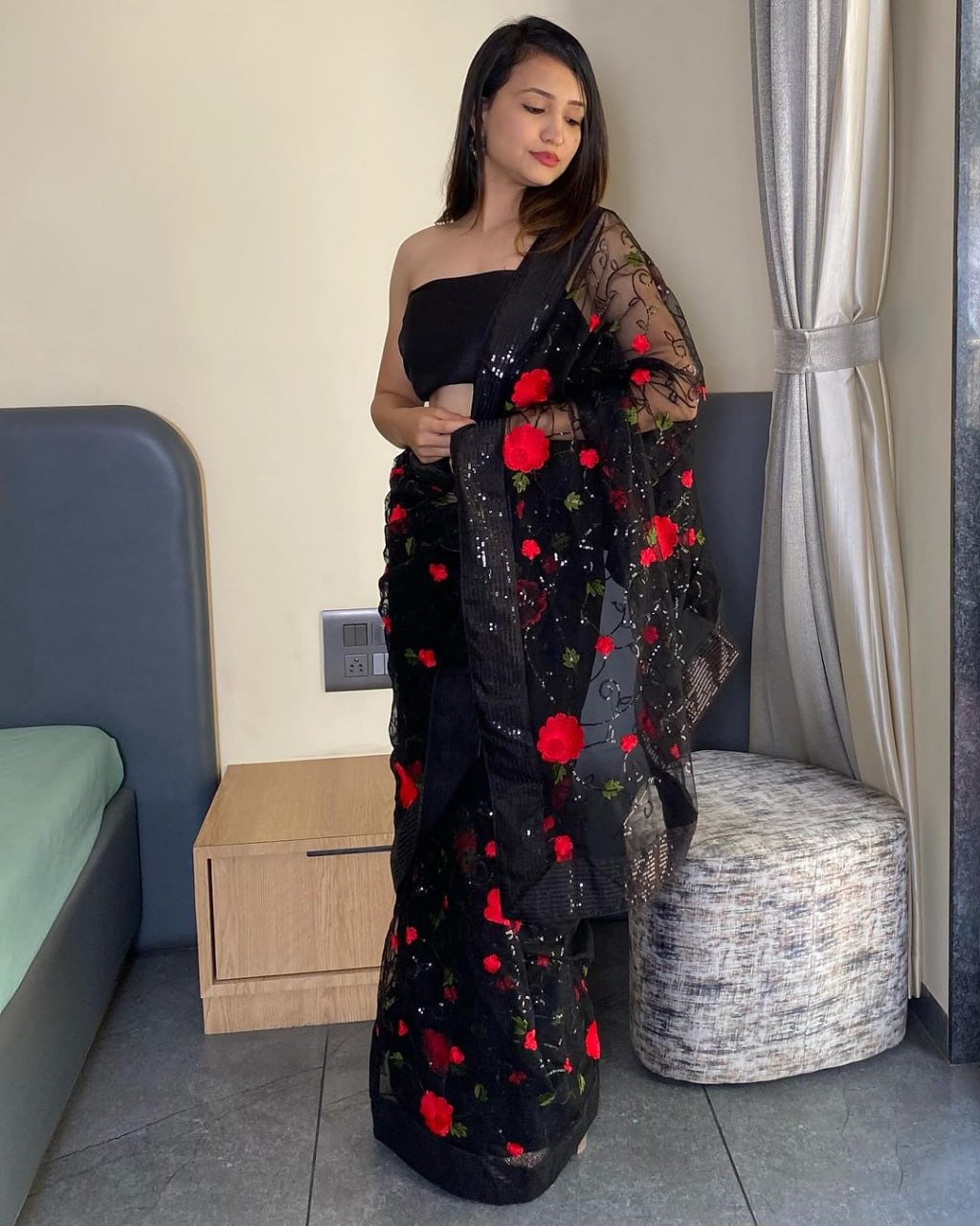 "Black Butterfly Net Saree: Multi-Red Trap Design, Sequin Embroidery & Lace Detailing"