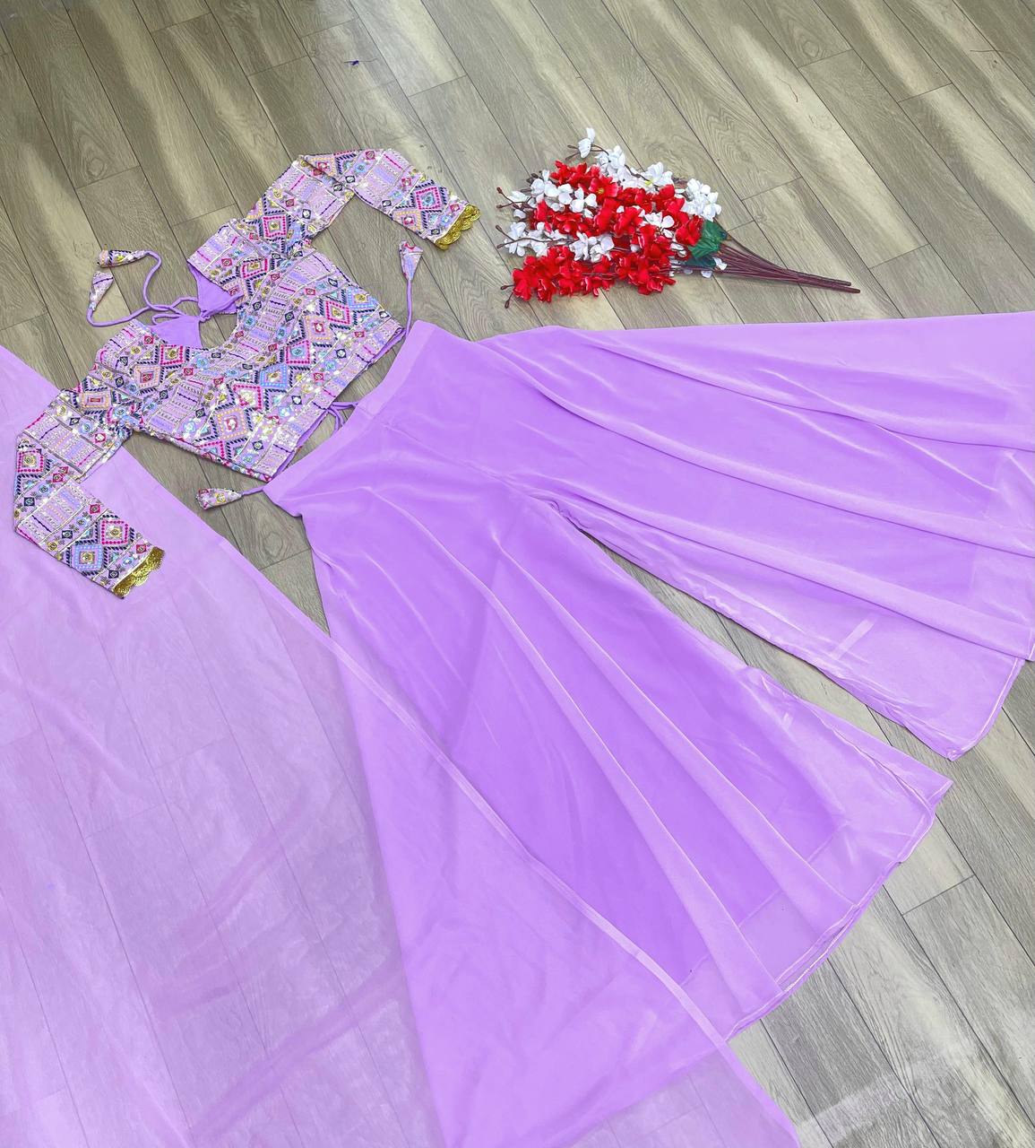 "Lavender Colour Fox Georgette Top, Palazzo & Dupatta Set"