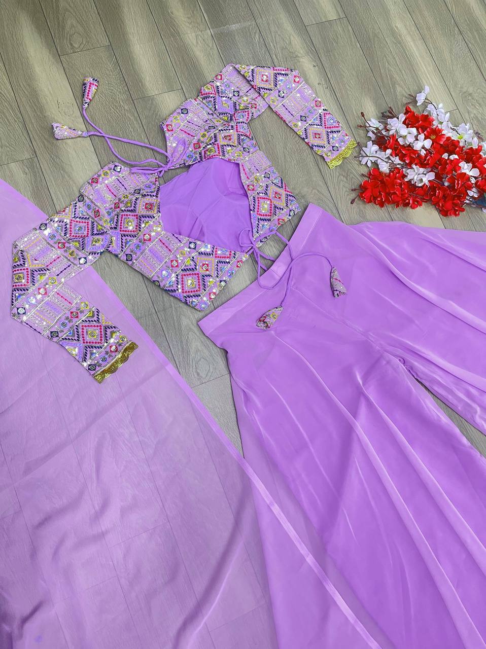 "Lavender Colour Fox Georgette Top, Palazzo & Dupatta Set"