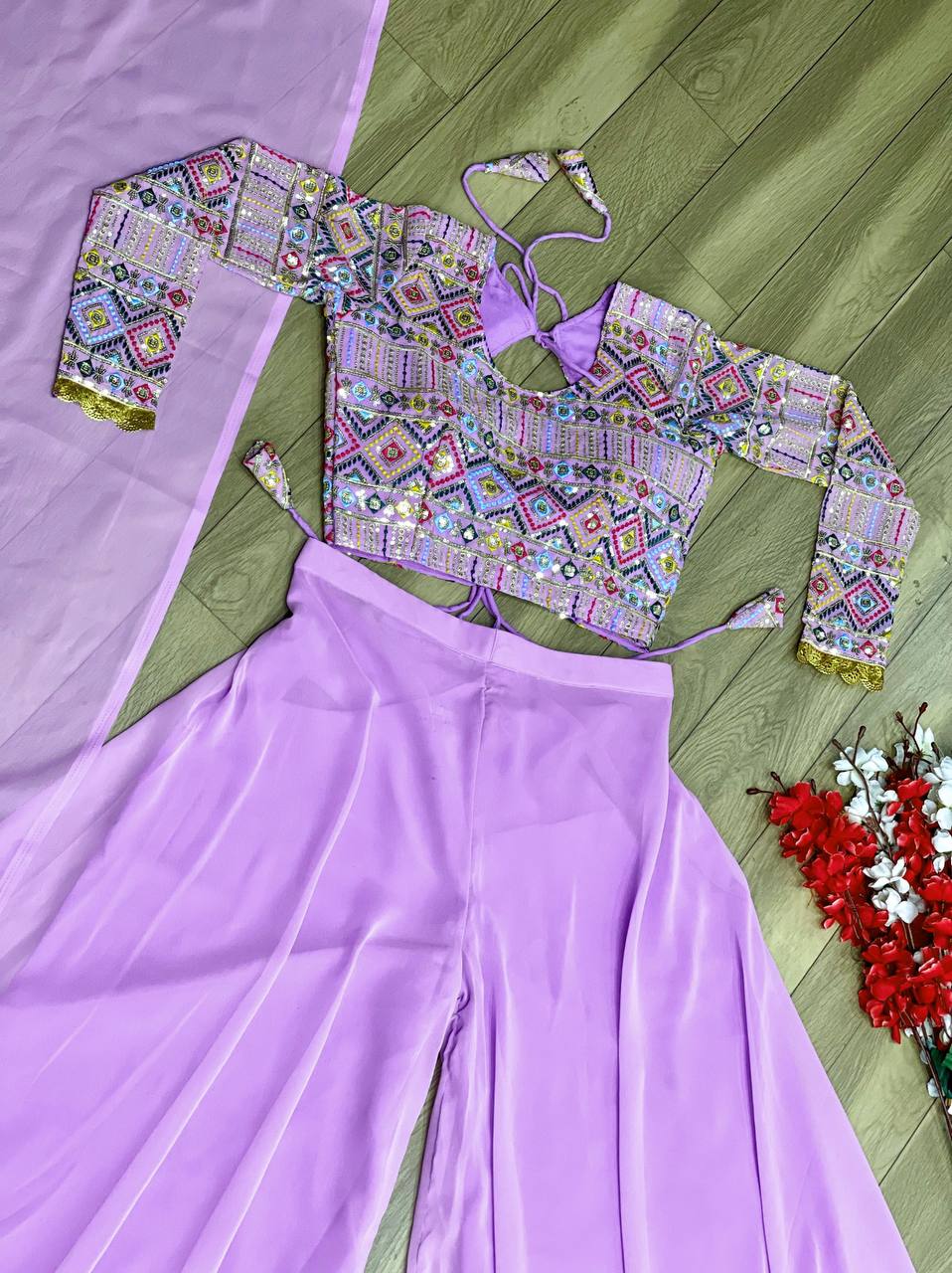 "Lavender Colour Fox Georgette Top, Palazzo & Dupatta Set"