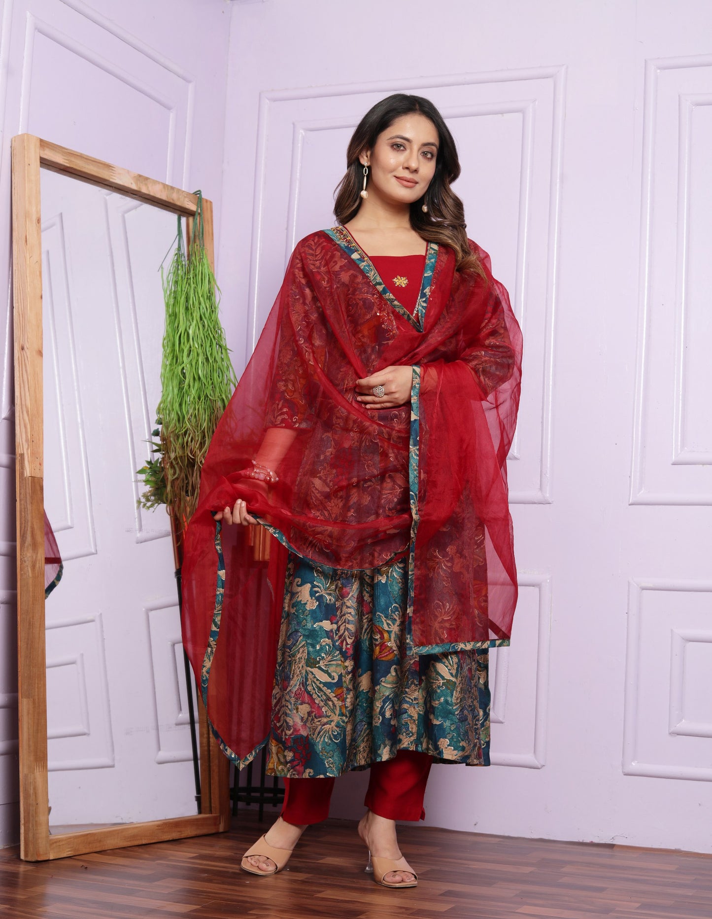 Handcrafted Modal Silk Kurta Set with Organza Dupatta