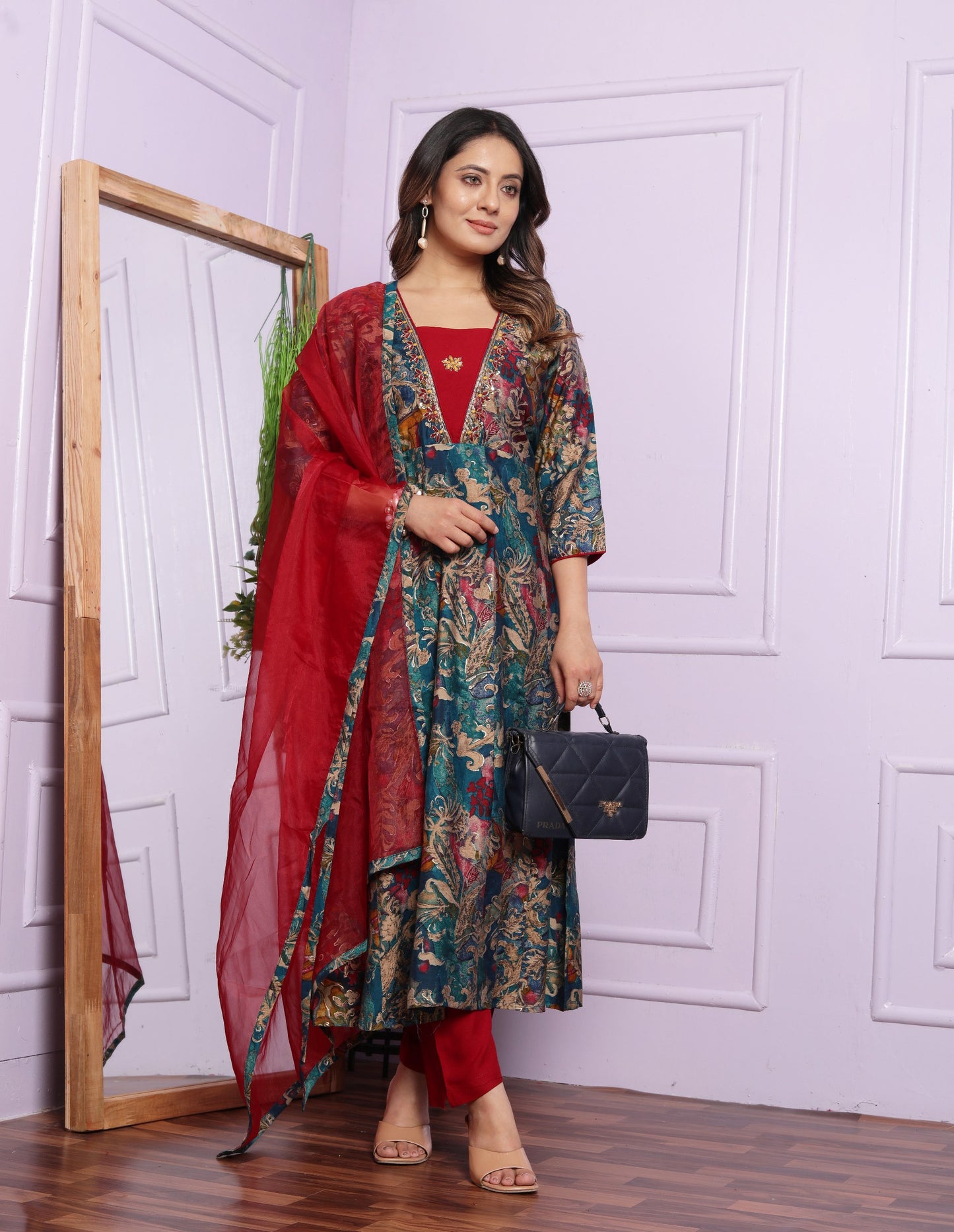 Handcrafted Modal Silk Kurta Set with Organza Dupatta