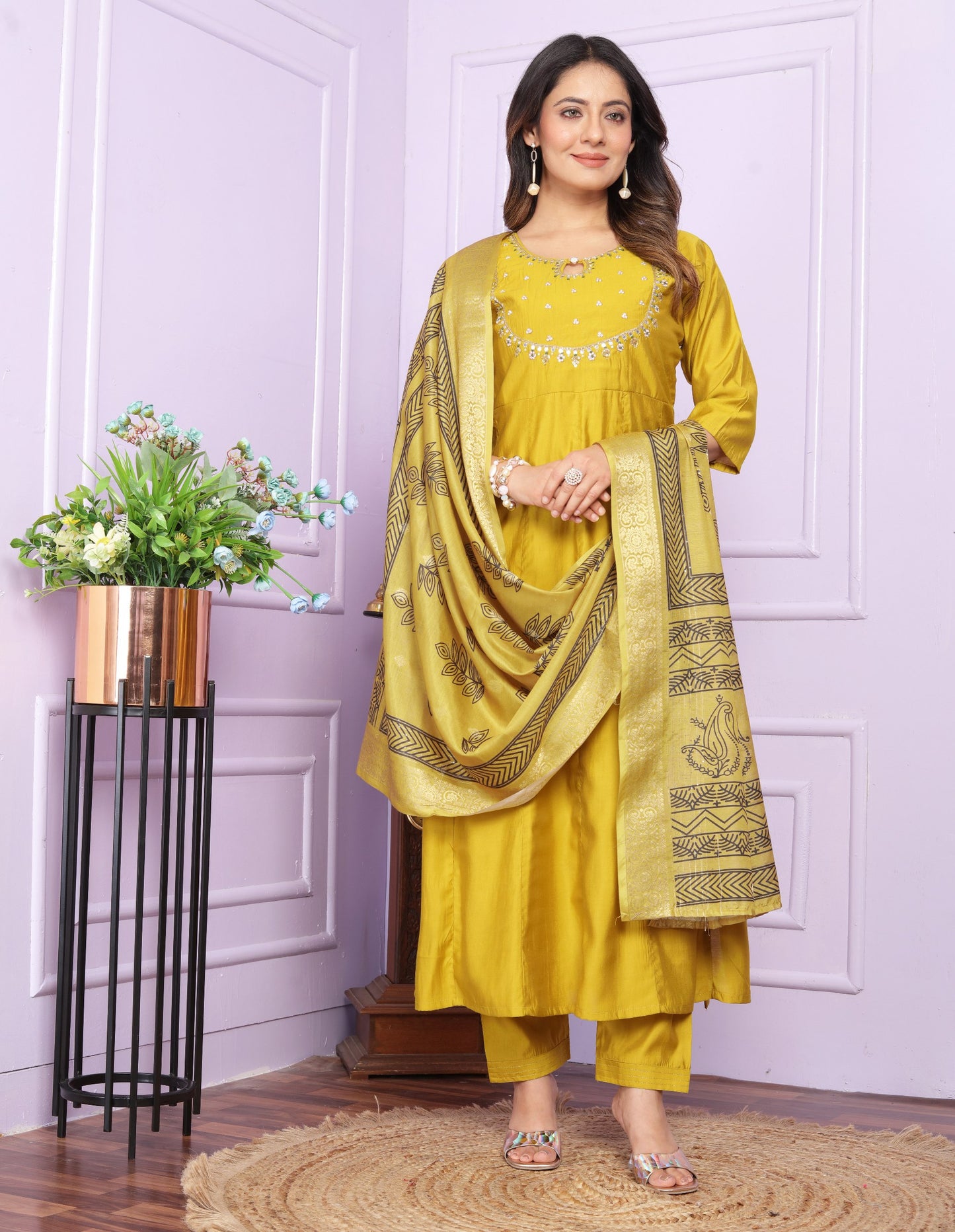 "Yellow Colour Hand Work Russian Silk Kurta,Pant and Digital Print Dupatta"