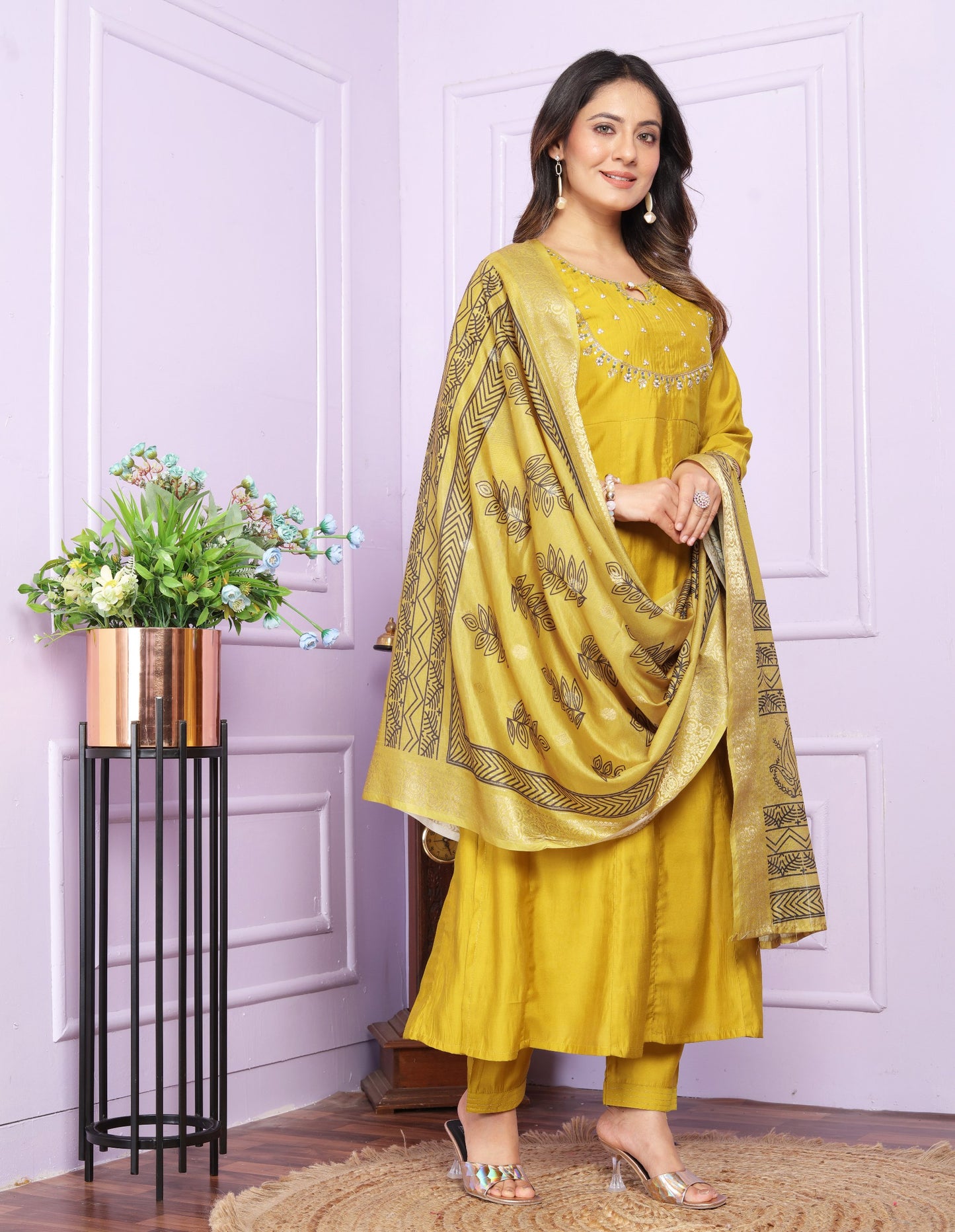 "Yellow Colour Hand Work Russian Silk Kurta,Pant and Digital Print Dupatta"