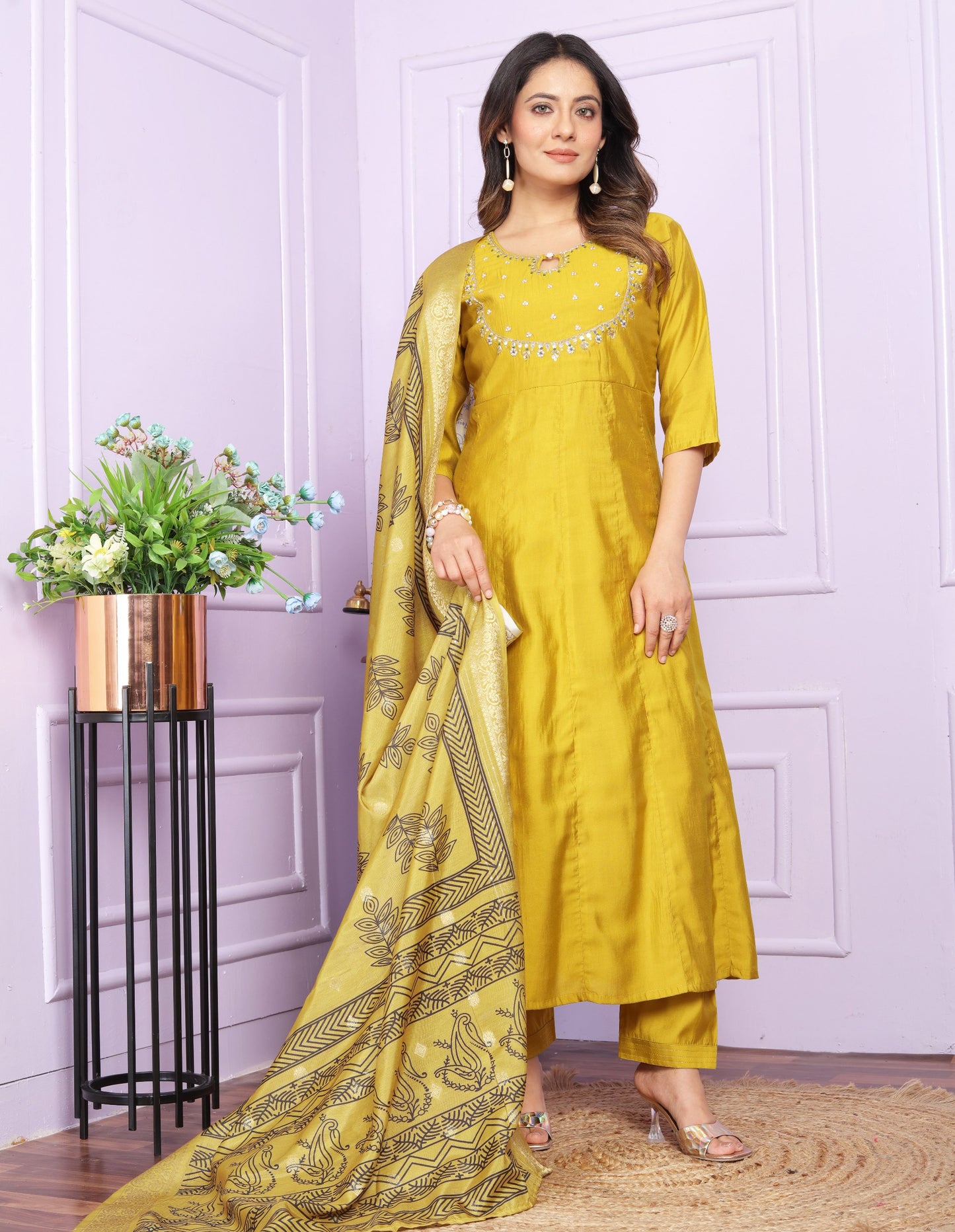 "Yellow Colour Hand Work Russian Silk Kurta,Pant and Digital Print Dupatta"