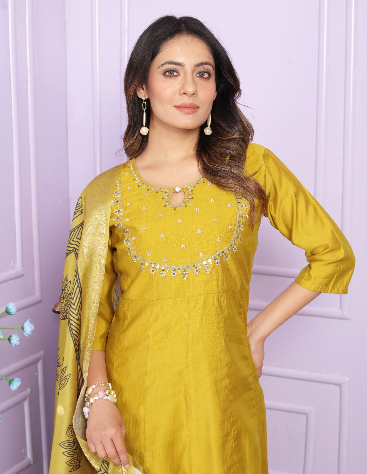 "Yellow Colour Hand Work Russian Silk Kurta,Pant and Digital Print Dupatta"