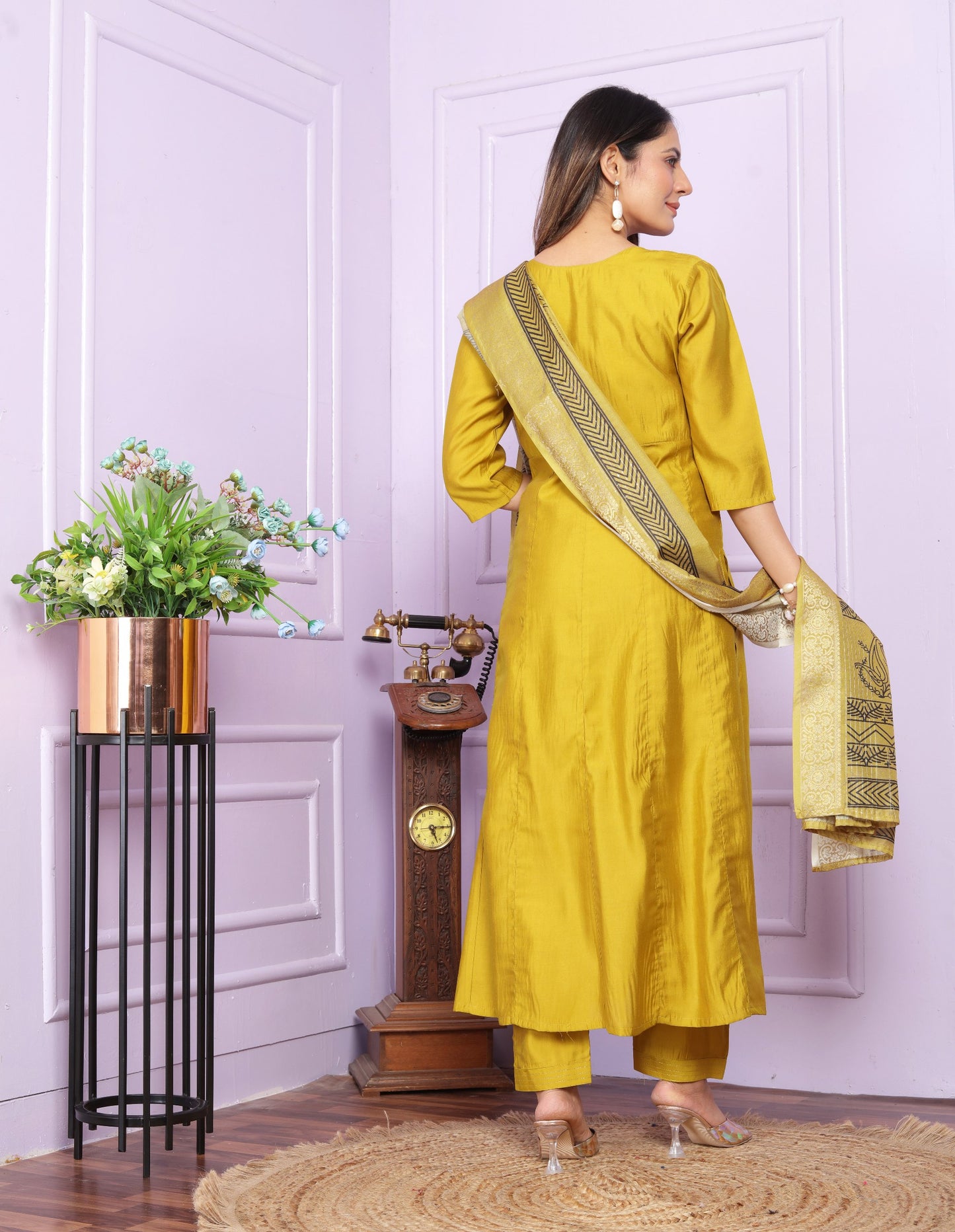 "Yellow Colour Hand Work Russian Silk Kurta,Pant and Digital Print Dupatta"