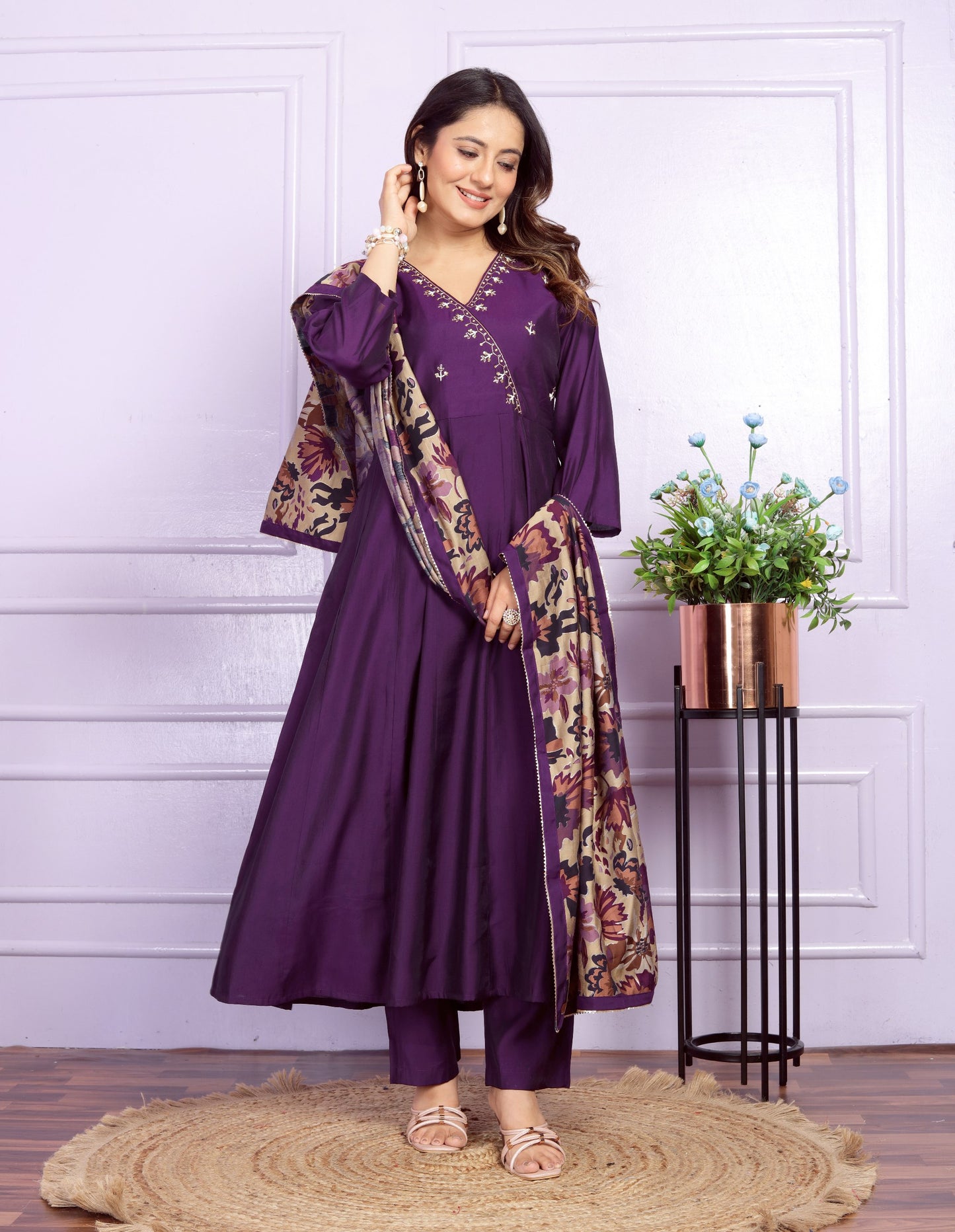 Wine Colour Hand Work Modal Silk Angarkha Kurti,Pant and Dupatta Set