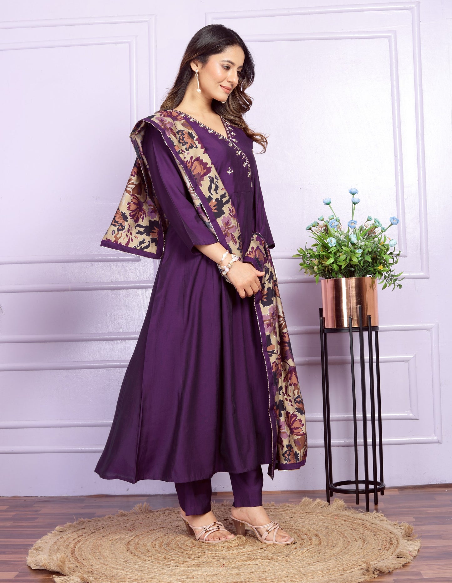 Wine Colour Hand Work Modal Silk Angarkha Kurti,Pant and Dupatta Set