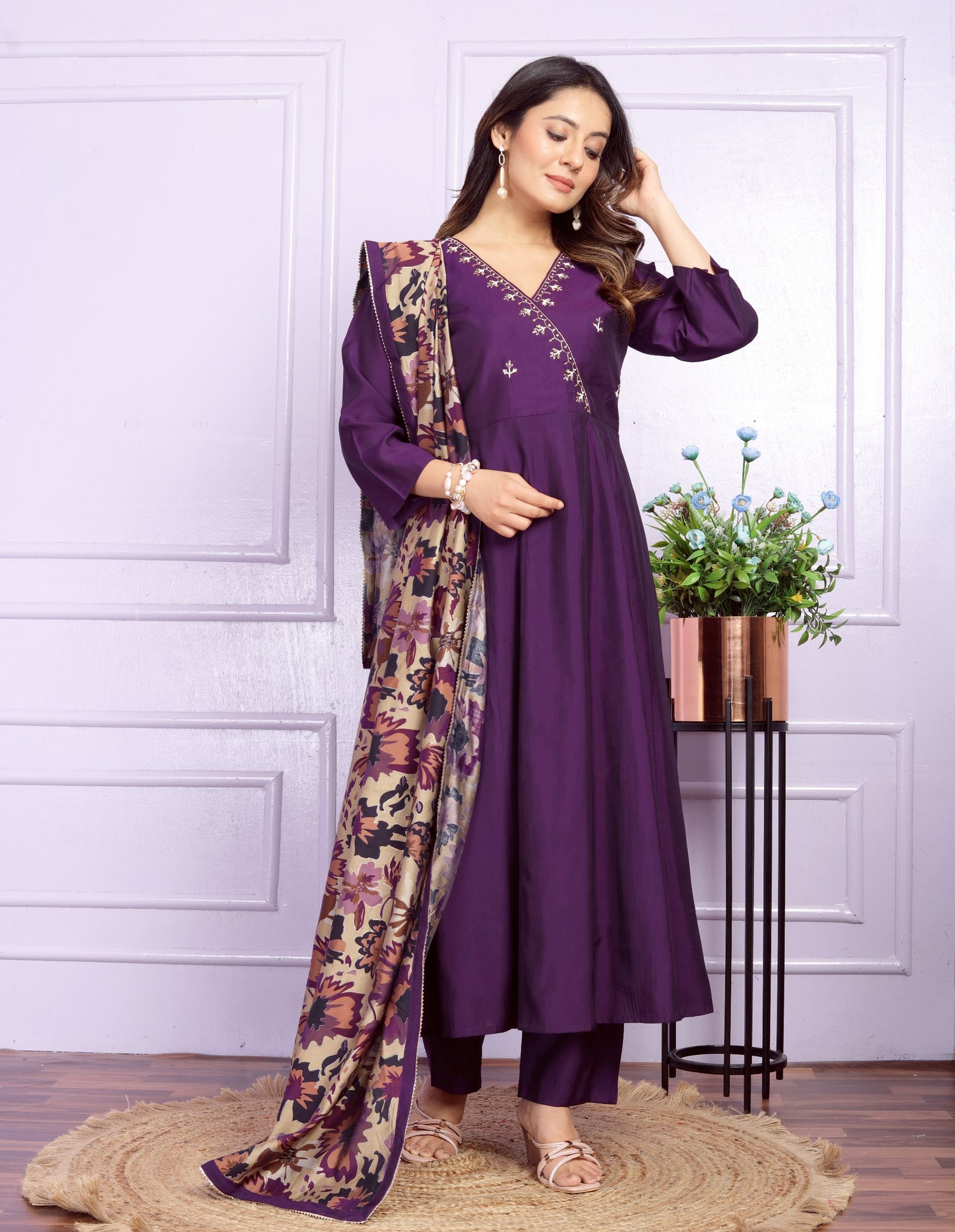 Wine Colour Hand Work Modal Silk Angarkha Kurti,Pant and Dupatta Set