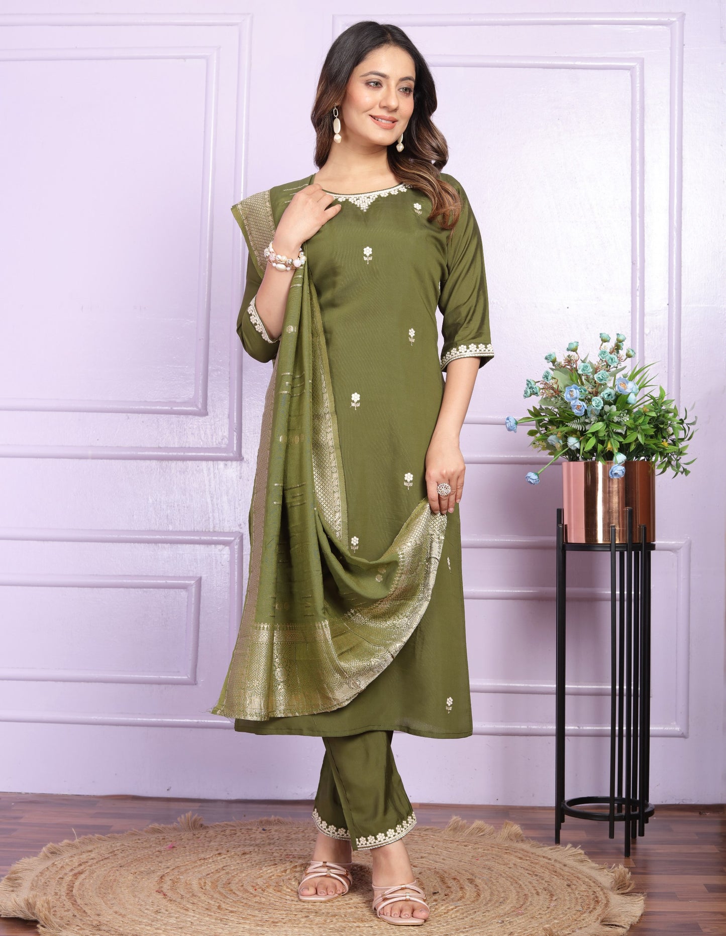 "Embroidered Viscose Silk Kurta Set with Dupatta - Mehndi Green & Pastel Purple - Stitched - Multiple Sizes Available"