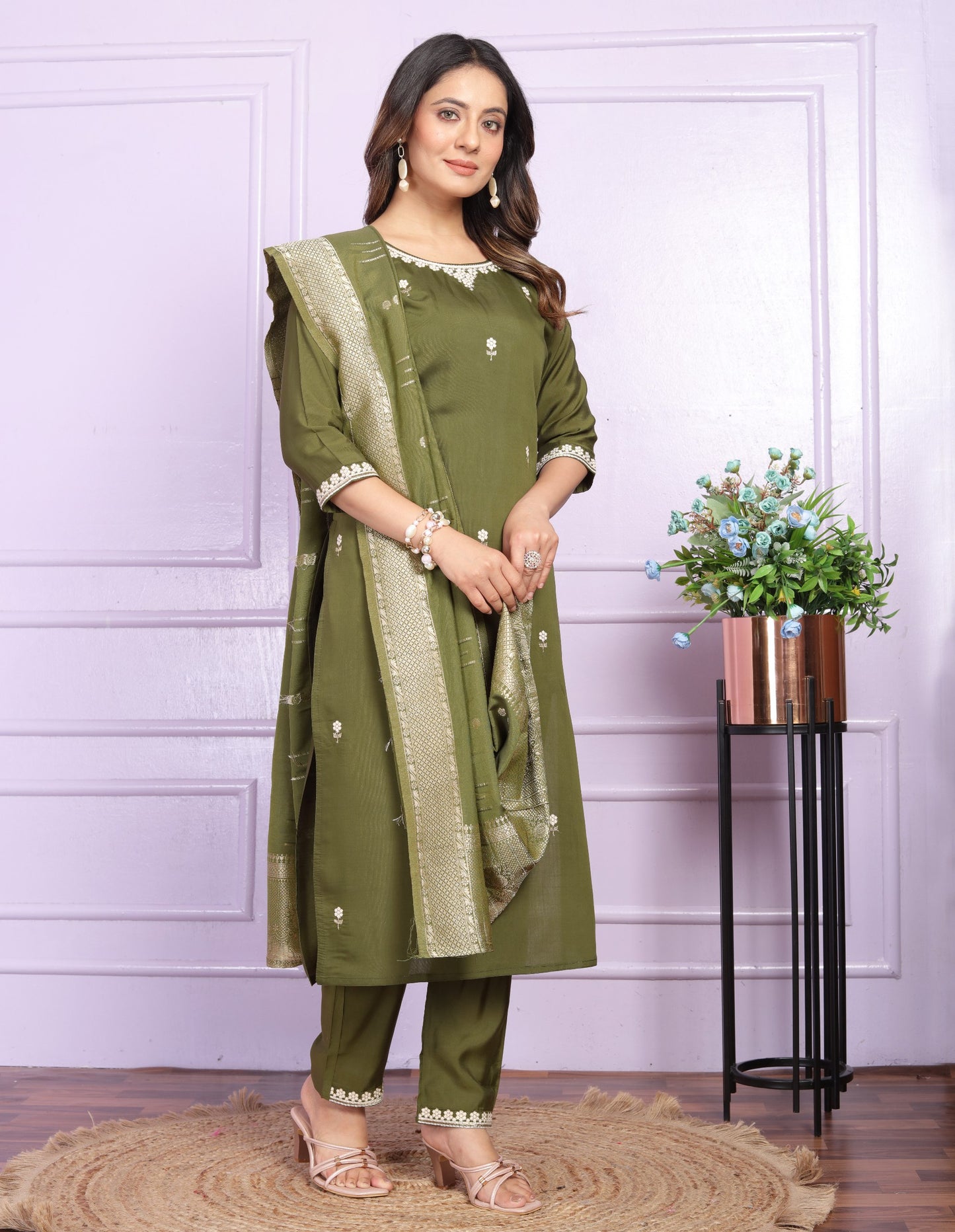 "Embroidered Viscose Silk Kurta Set with Dupatta - Mehndi Green & Pastel Purple - Stitched - Multiple Sizes Available"