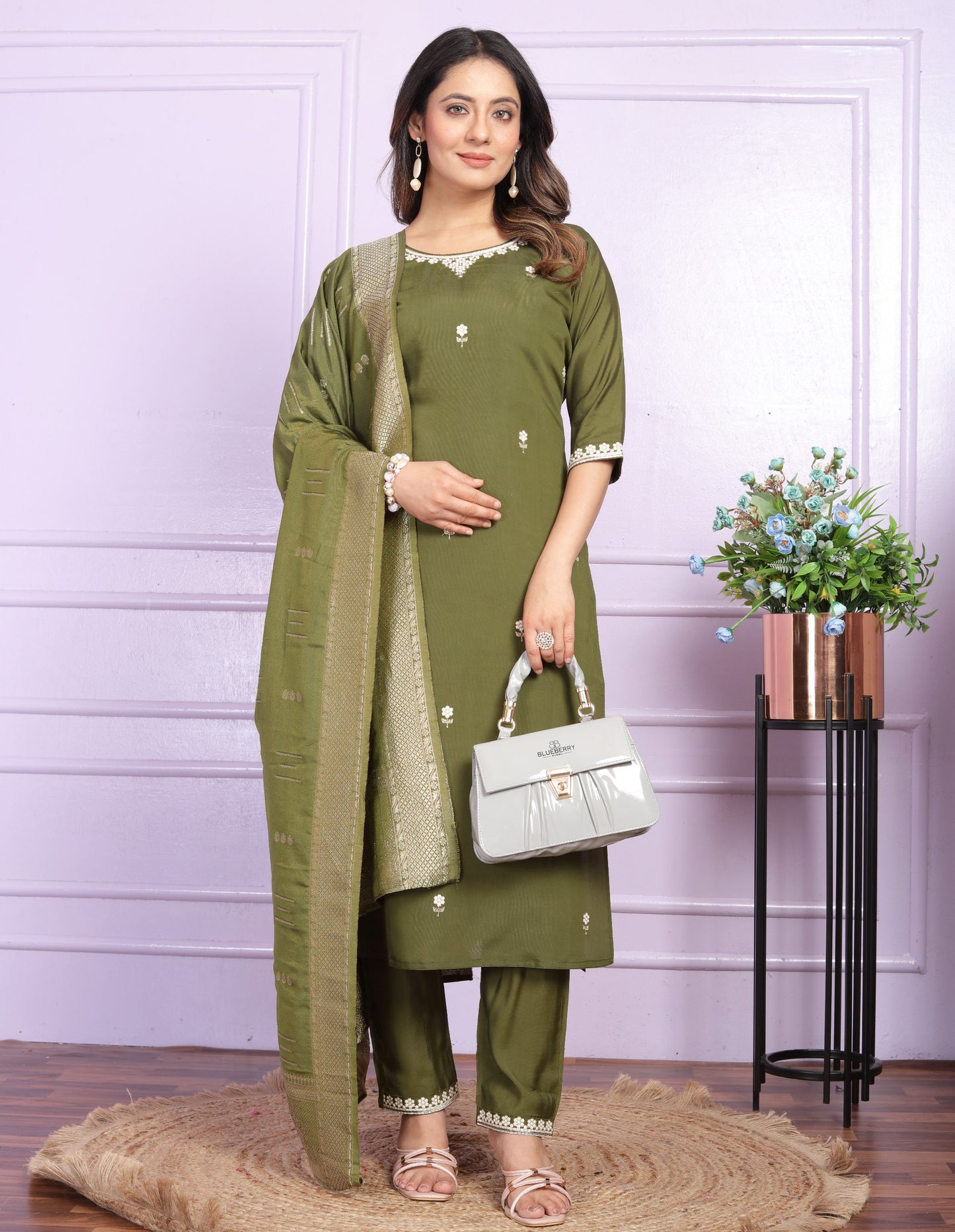 "Embroidered Viscose Silk Kurta Set with Dupatta - Mehndi Green & Pastel Purple - Stitched - Multiple Sizes Available"