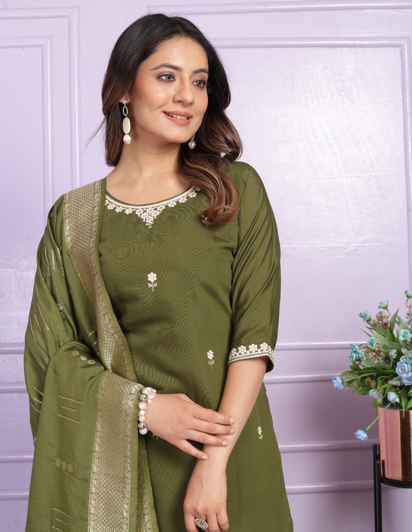 "Embroidered Viscose Silk Kurta Set with Dupatta - Mehndi Green & Pastel Purple - Stitched - Multiple Sizes Available"