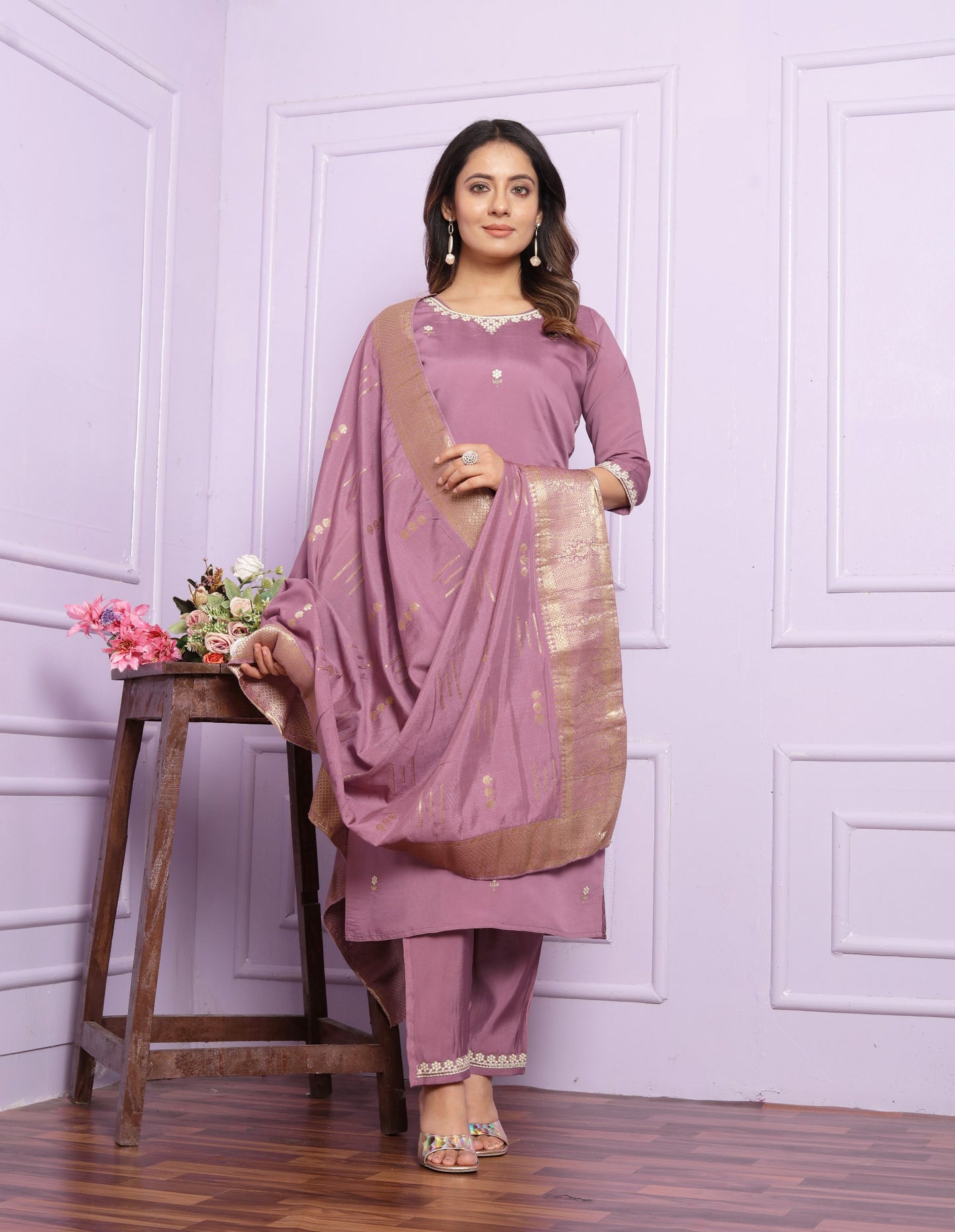 "Embroidered Viscose Silk Kurta Set with Dupatta - Mehndi Green & Pastel Purple - Stitched - Multiple Sizes Available"