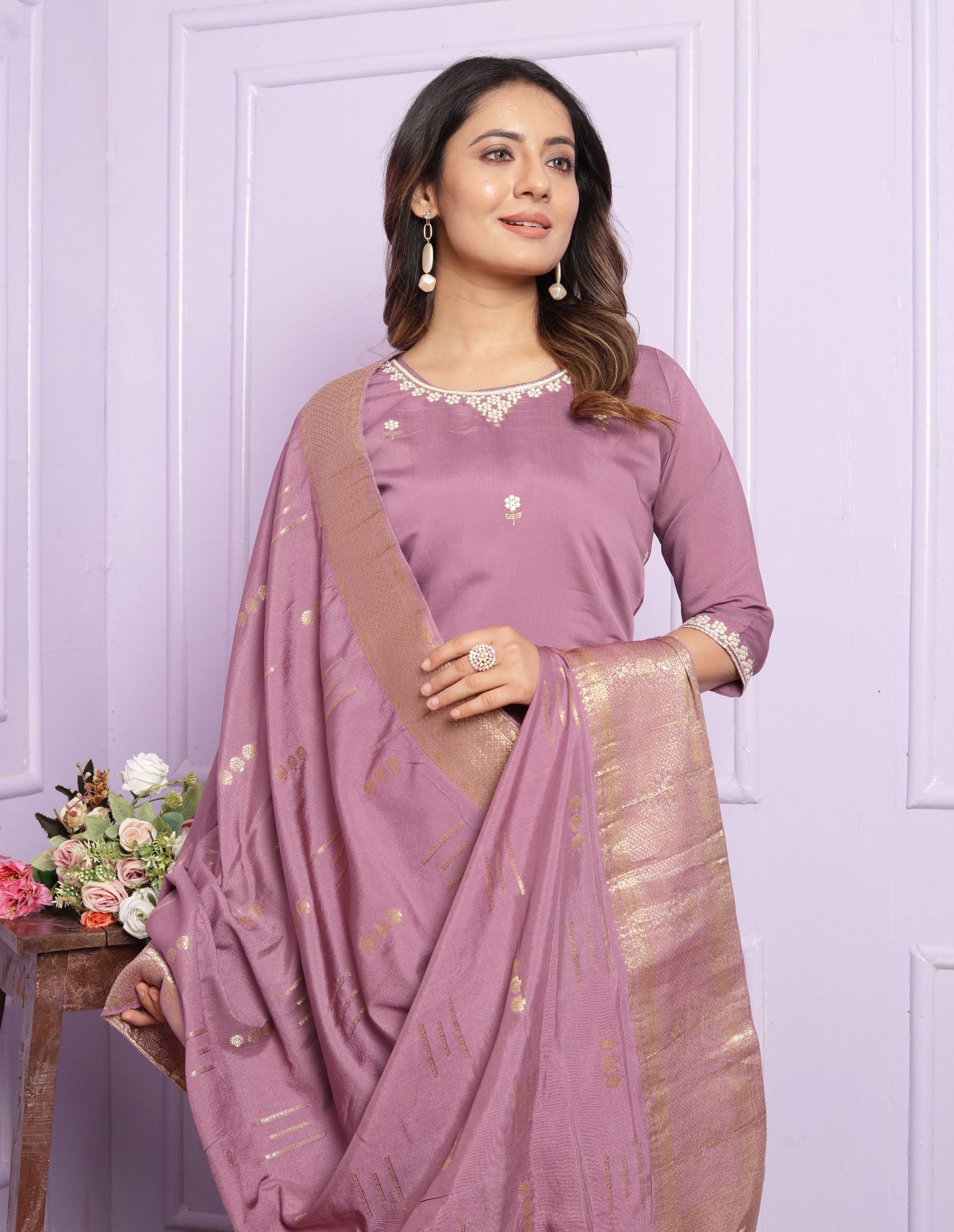 "Embroidered Viscose Silk Kurta Set with Dupatta - Mehndi Green & Pastel Purple - Stitched - Multiple Sizes Available"