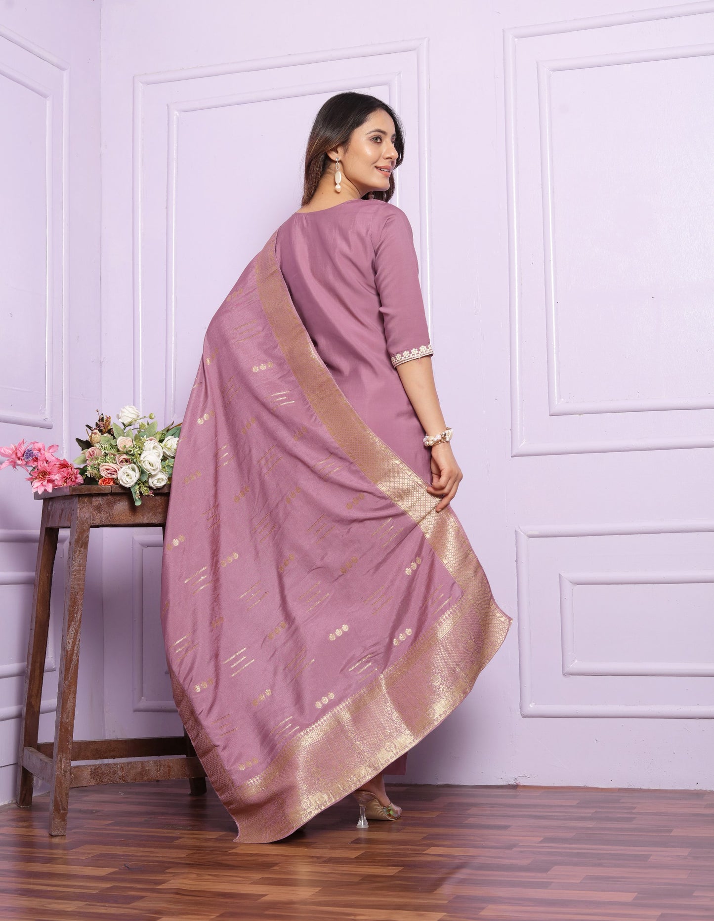 "Embroidered Viscose Silk Kurta Set with Dupatta - Mehndi Green & Pastel Purple - Stitched - Multiple Sizes Available"