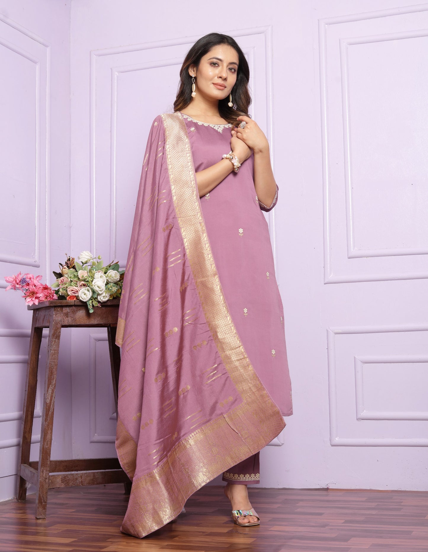 "Embroidered Viscose Silk Kurta Set with Dupatta - Mehndi Green & Pastel Purple - Stitched - Multiple Sizes Available"