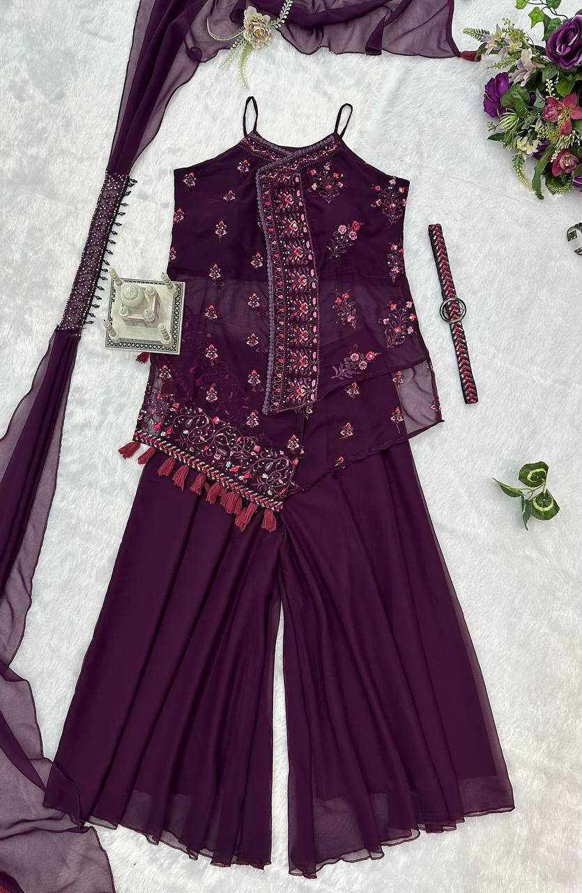 Indo-Western  Faux Georgette Kurti Set with Dupatta, Belt & Plazzo