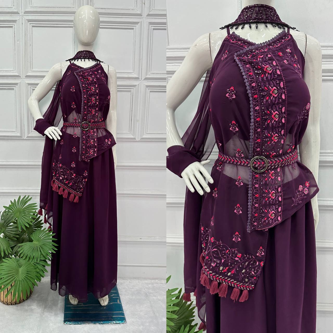 Indo-Western  Faux Georgette Kurti Set with Dupatta, Belt & Plazzo