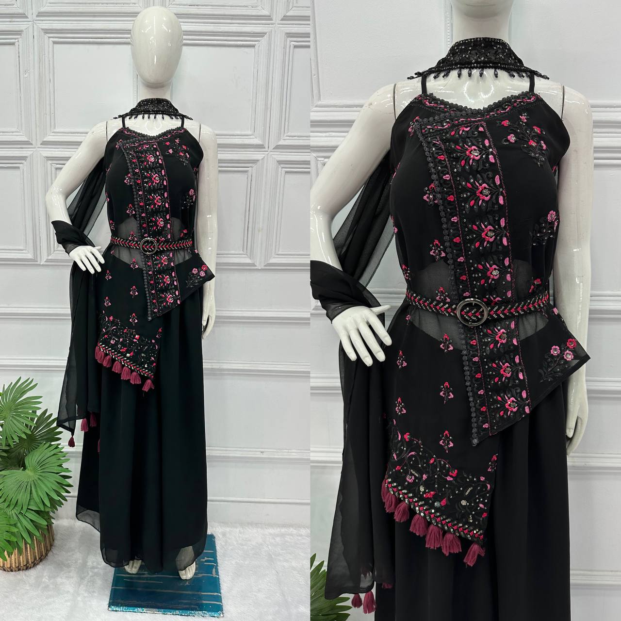 Indo-Western  Faux Georgette Kurti Set with Dupatta, Belt & Plazzo