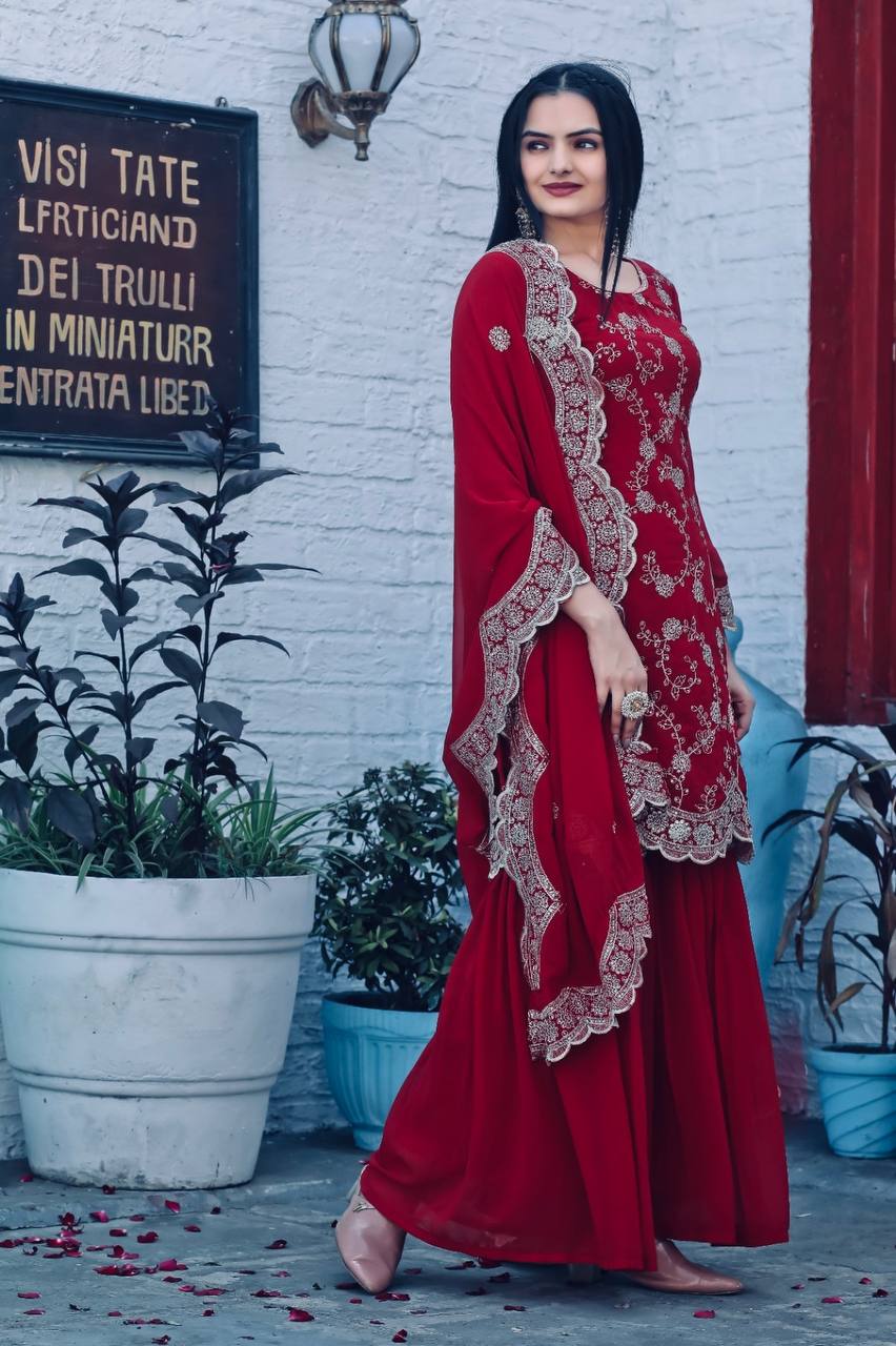 "Embroidered Georgette Designer Suit Set with Sharara & Dupatta"