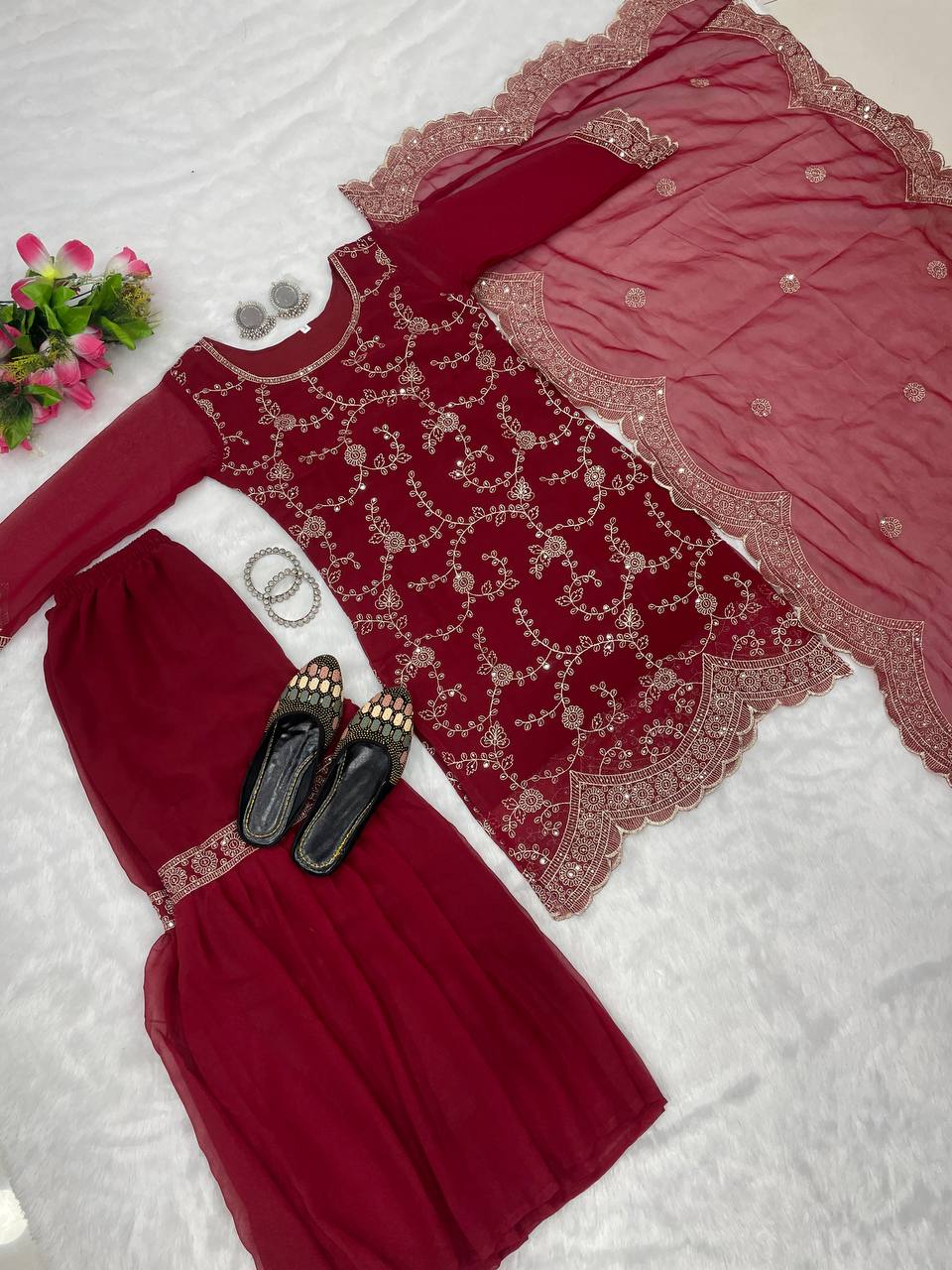 "Embroidered Georgette Designer Suit Set with Sharara & Dupatta"
