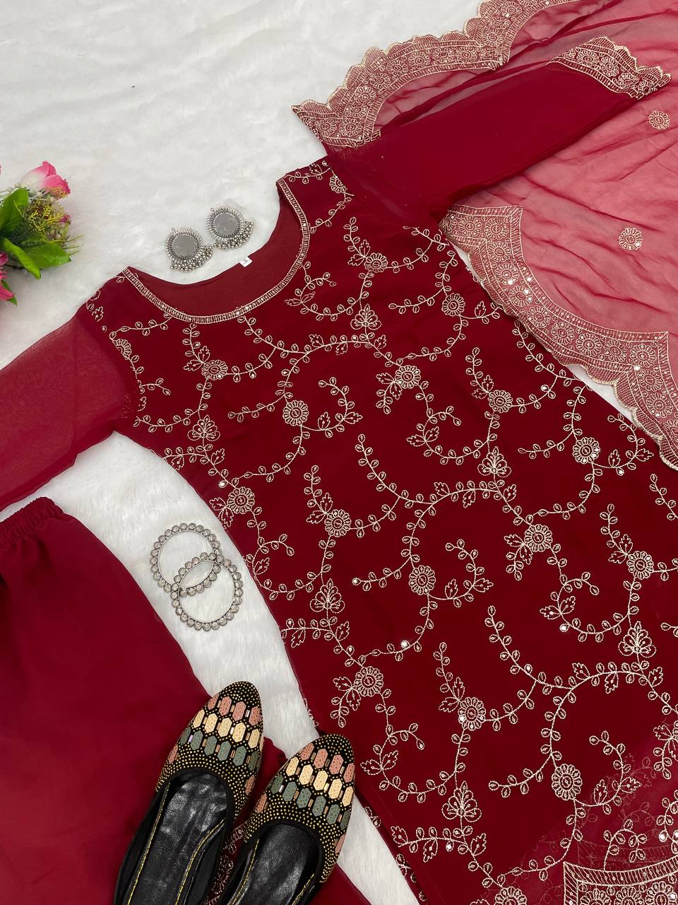 "Embroidered Georgette Designer Suit Set with Sharara & Dupatta"