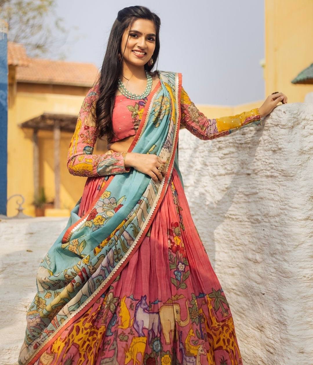 "Printed Giraffe Splendor: Free Size Lehenga Set with Rich Digital Print & Embroidered Blouse"