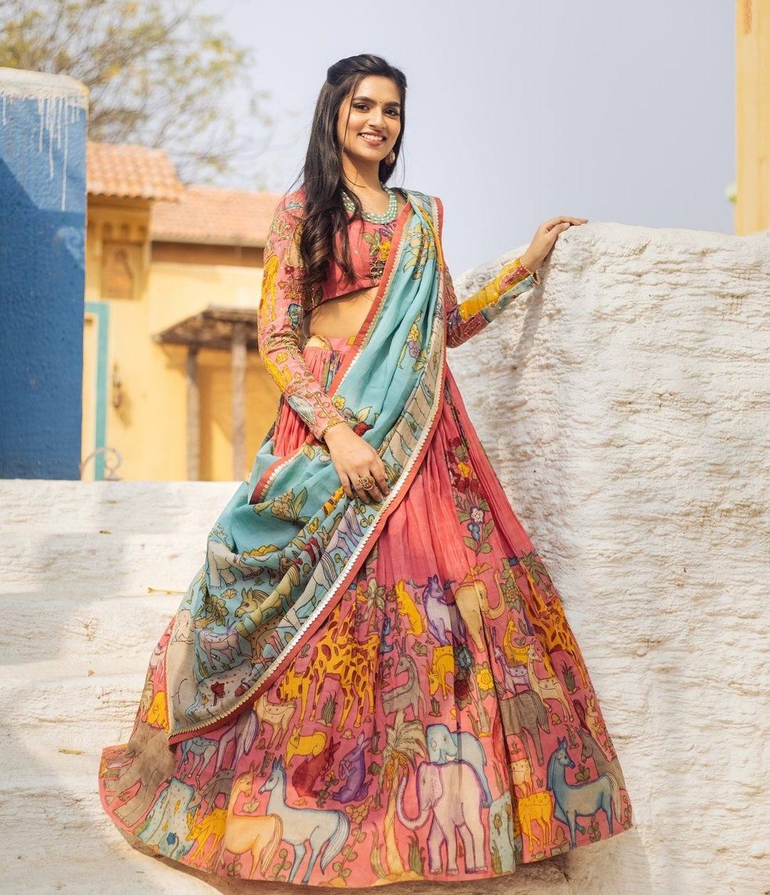 "Printed Giraffe Splendor: Free Size Lehenga Set with Rich Digital Print & Embroidered Blouse"