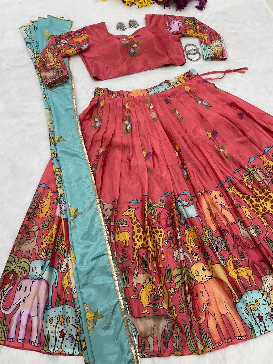 "Printed Giraffe Splendor: Free Size Lehenga Set with Rich Digital Print & Embroidered Blouse"