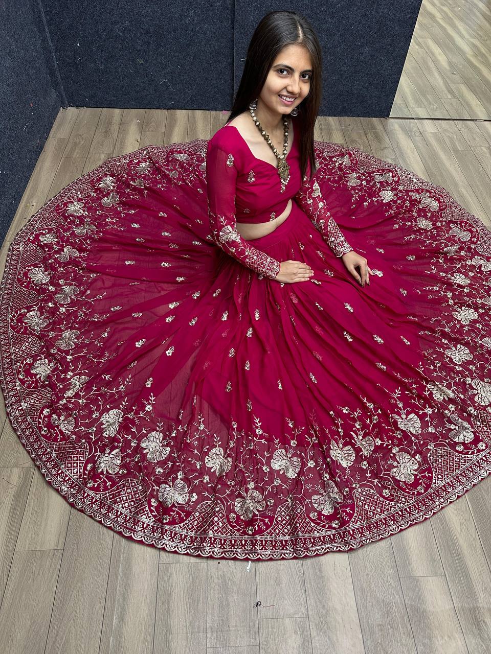 Heavy Sequence & Thread Work Rani Pink Georgette Lehenga Choli Set