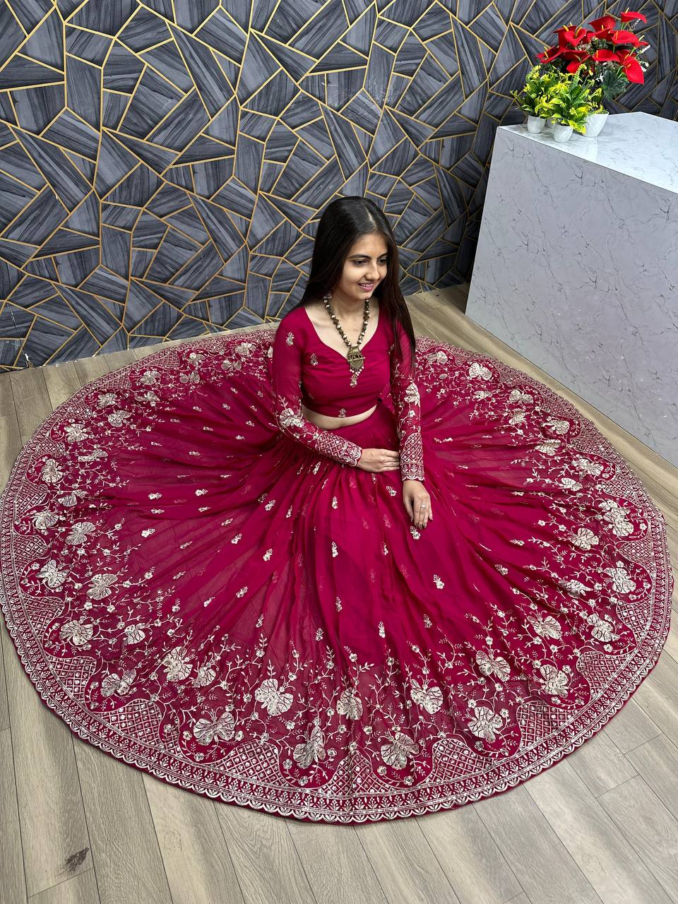 Heavy Sequence & Thread Work Rani Pink Georgette Lehenga Choli Set