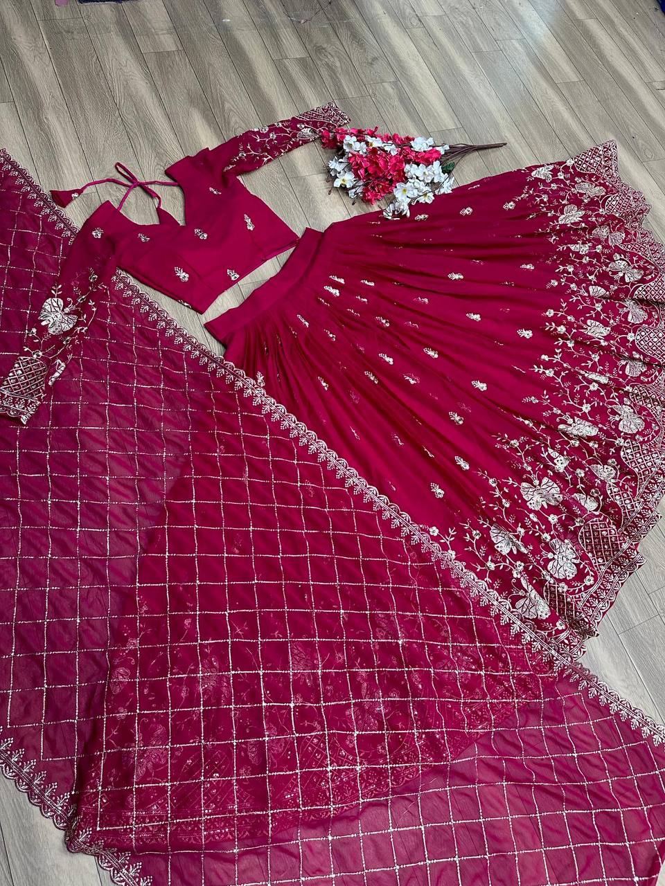 Heavy Sequence & Thread Work Rani Pink Georgette Lehenga Choli Set