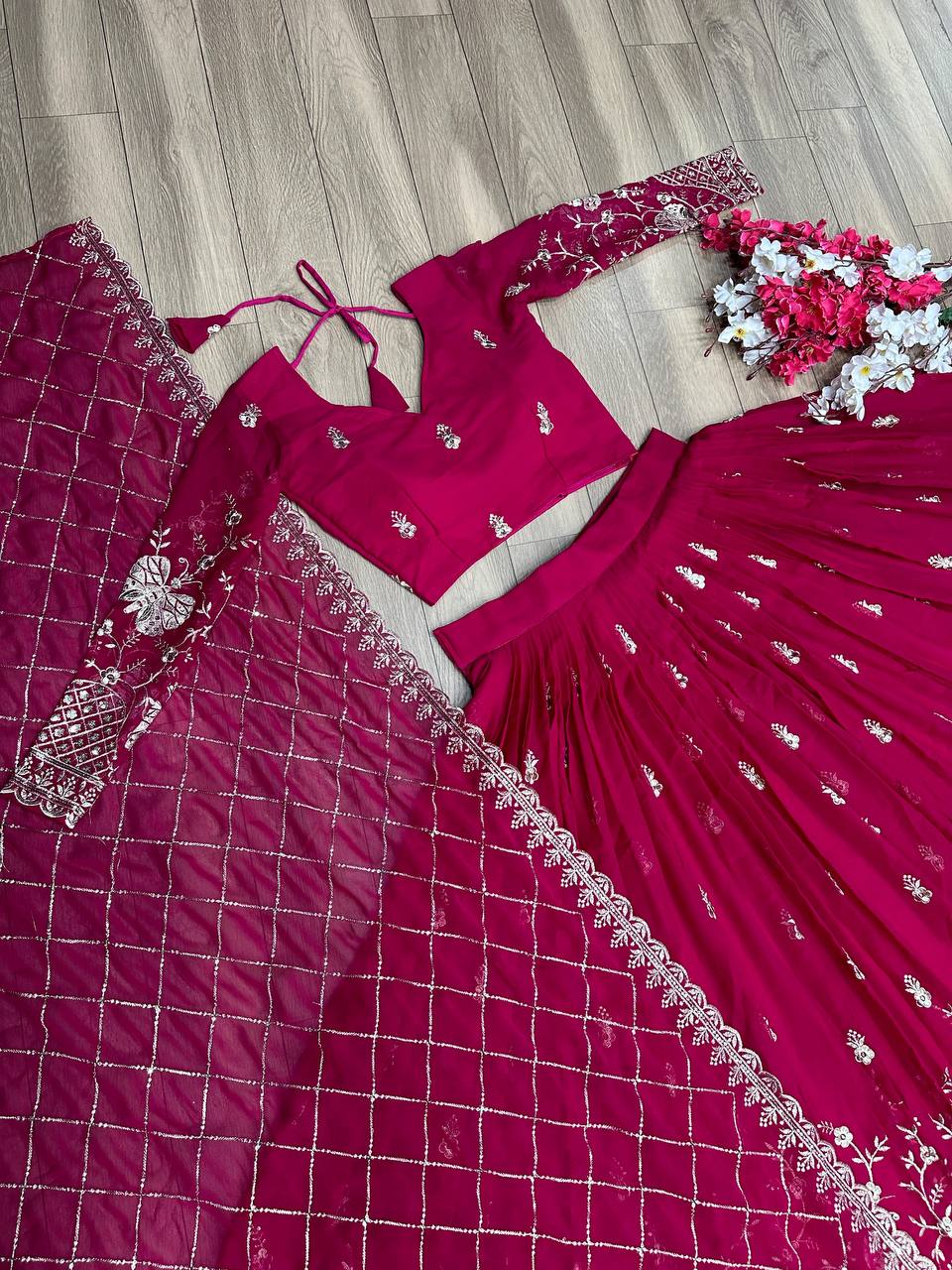 Heavy Sequence & Thread Work Rani Pink Georgette Lehenga Choli Set