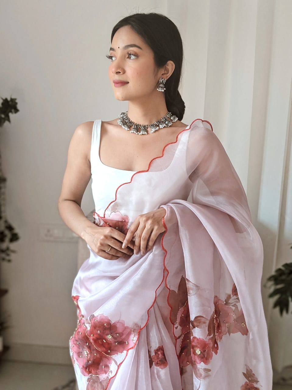 "Exquisite Handcrafted Organza Saree with Digital Print and Khatli Work"