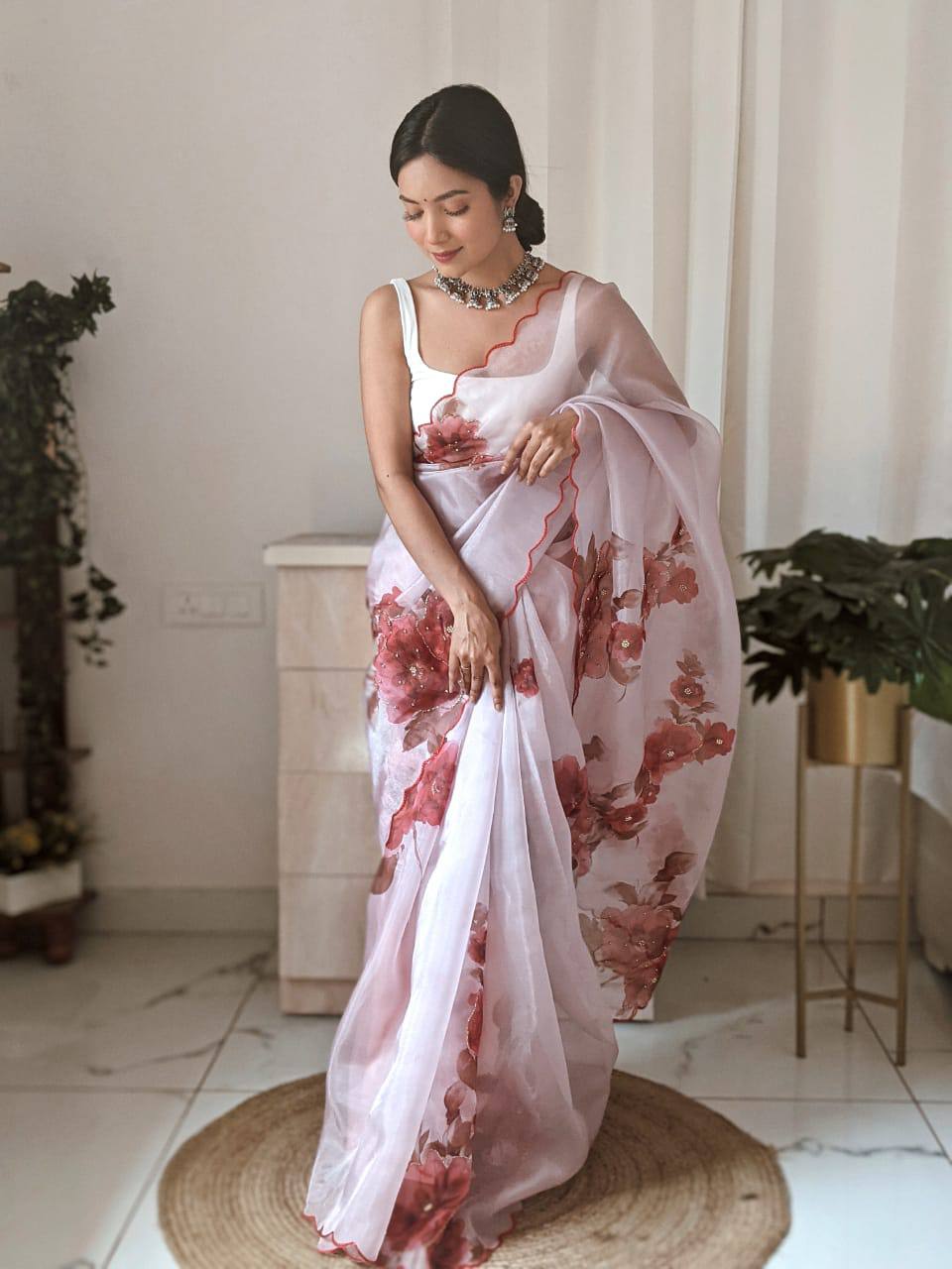 "Exquisite Handcrafted Organza Saree with Digital Print and Khatli Work"